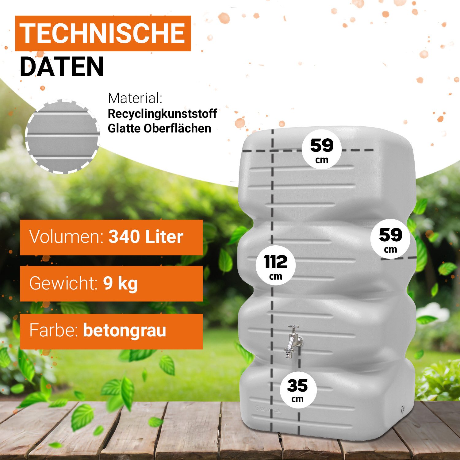 GARANTIA Regentonne CUBUS Regentonne 340 Liter betongrau, 340 l