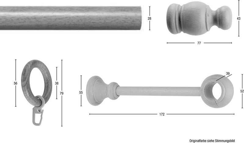 Gardinenstange NOVA, GARESA, Ø 28 mm, 1-läufig, Wunschmaßlänge, Vorhanggarnitur Holz, verlängerbar, Wandmont.,mit Ringe/2 Lauf Gleiter