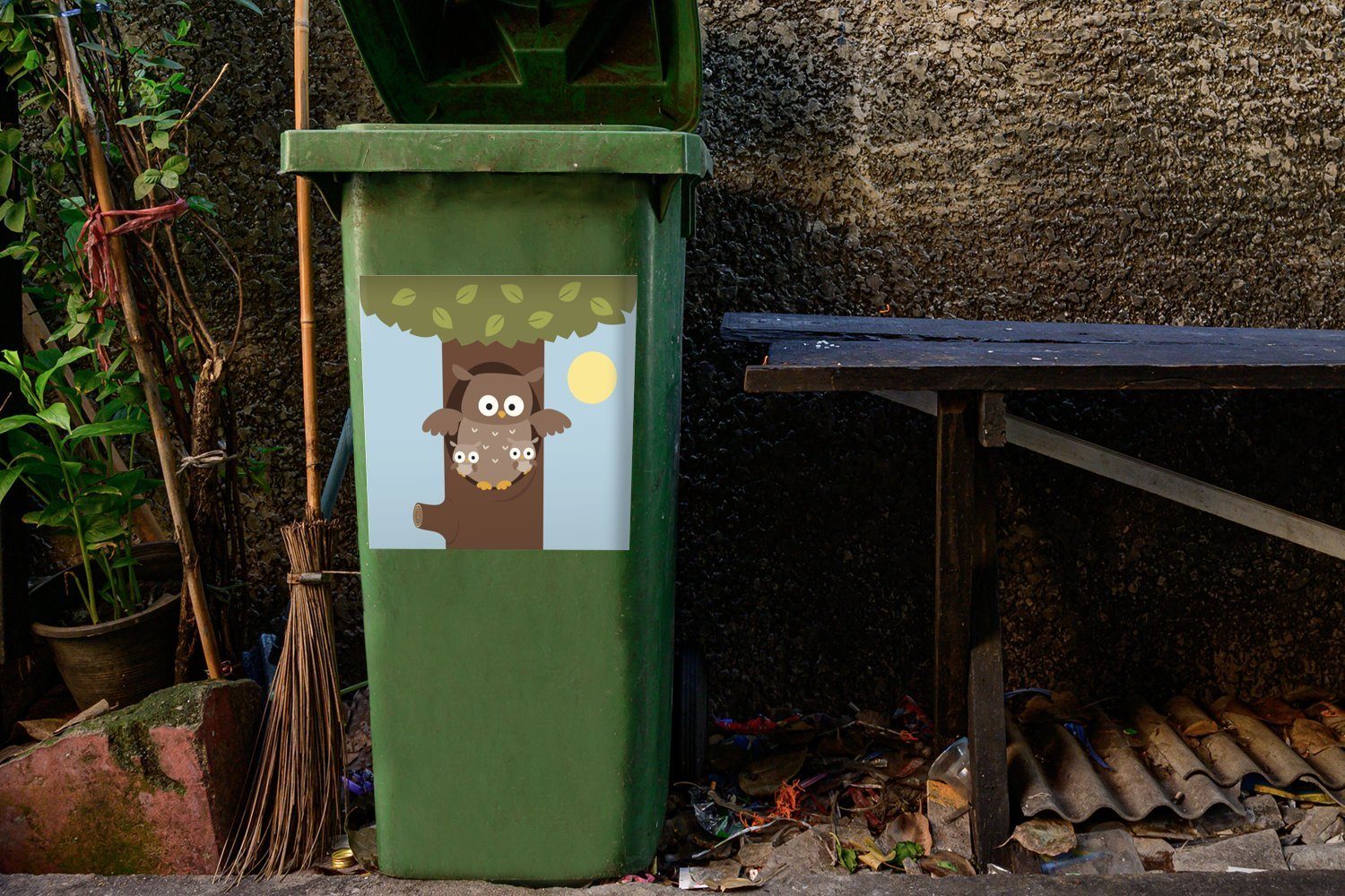 und Illustration (1 ihrer Sticker, Container, einer Eule Mülleimer-aufkleber, Wandsticker St), Familie Abfalbehälter Mülltonne, MuchoWow
