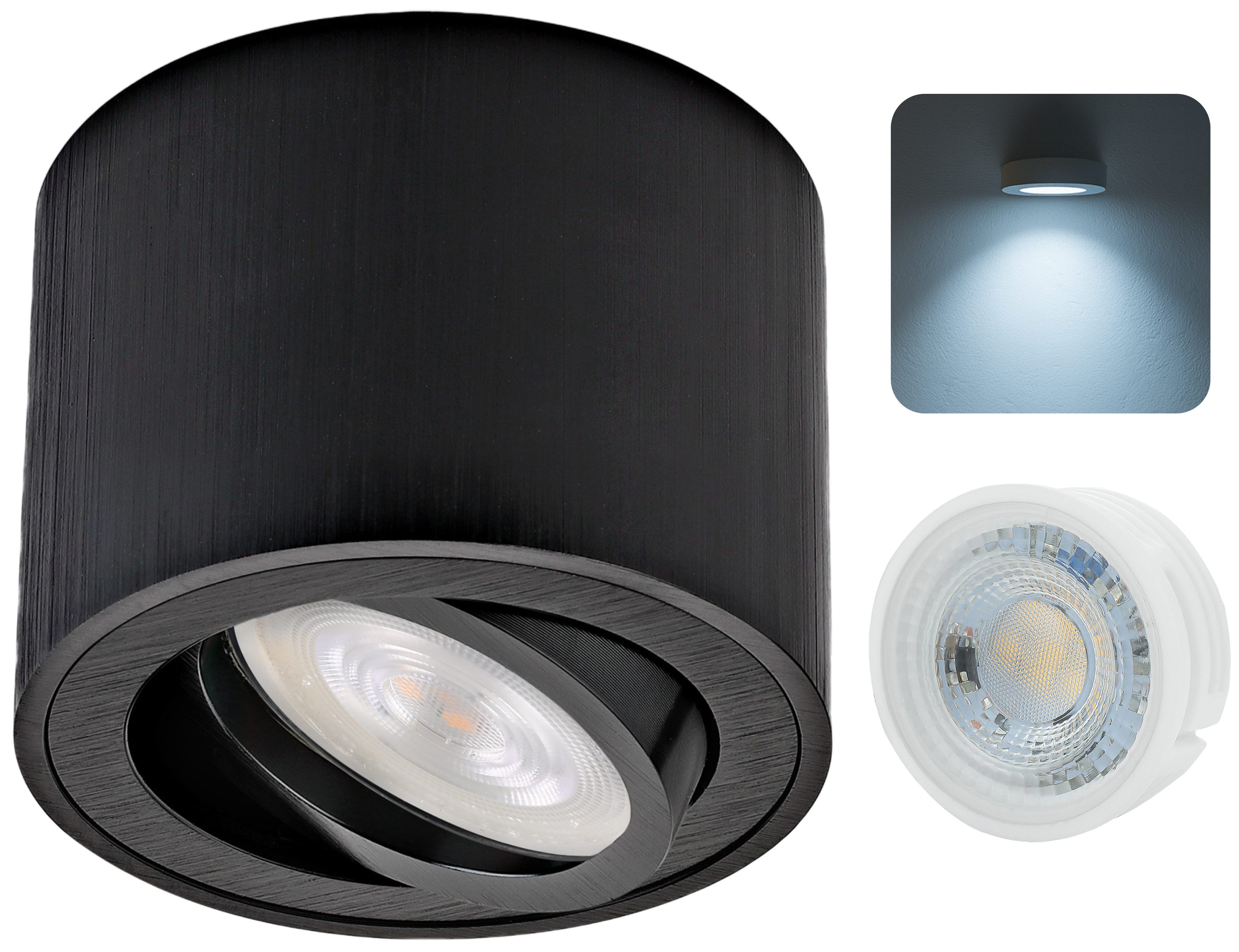 Sweet LED LED Aufbaustrahler flach inkl. LED-Modul 5W dimmbare Aufbauspots LED rund & schwarz, LED wechselbar, kaltweiß, LED Deckenlampe, Deckenspot, Deckenstrahler, Strahler