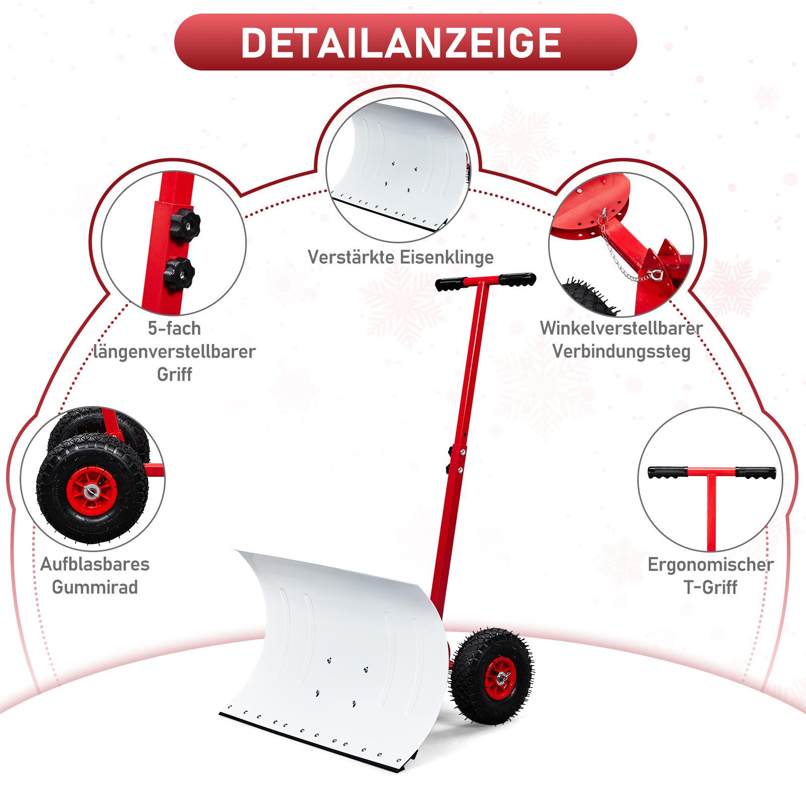 LALAHO Schneeschieber Schneeschaufel mit Rädern & Stiel – Stahlschaufel, 74,00 cm Arbeitsbreite, mit 116,00 cm langem Stiel, verstellbare Schubstange, ergonomis – Bild 3 von 5