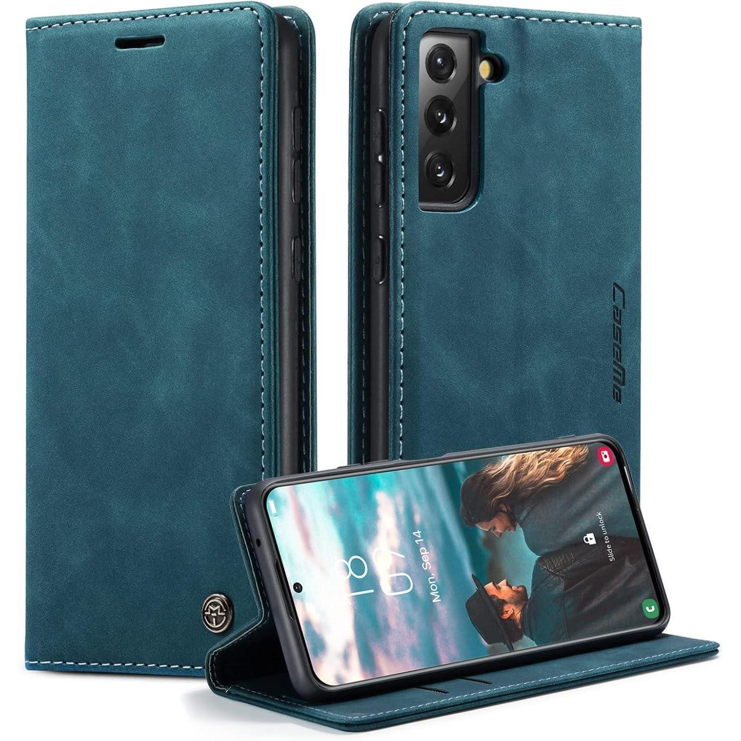 LuxusKollektion Flip Case Handyhülle Samsung Galaxy S21 FE 5G Blaugrün 360° Schutz in Lederoptik