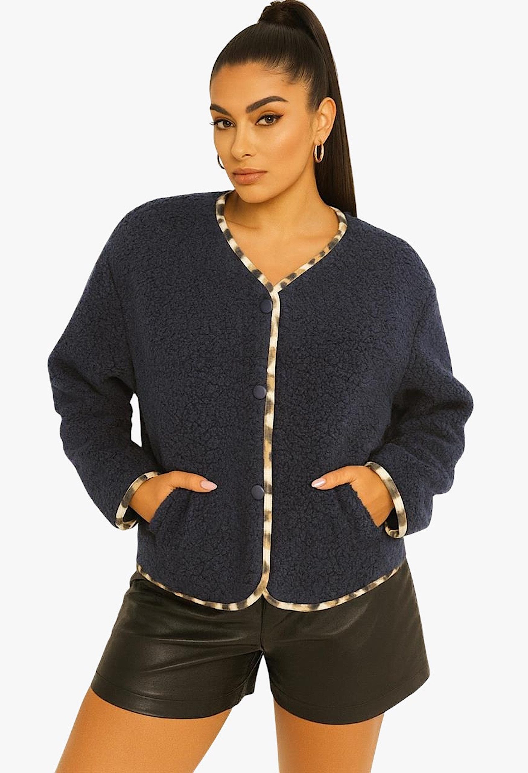Fellimitatjacke Worldclassca Teddy Jacke Warm Kuschelig Leopard Optik Kurz Plüchjacke