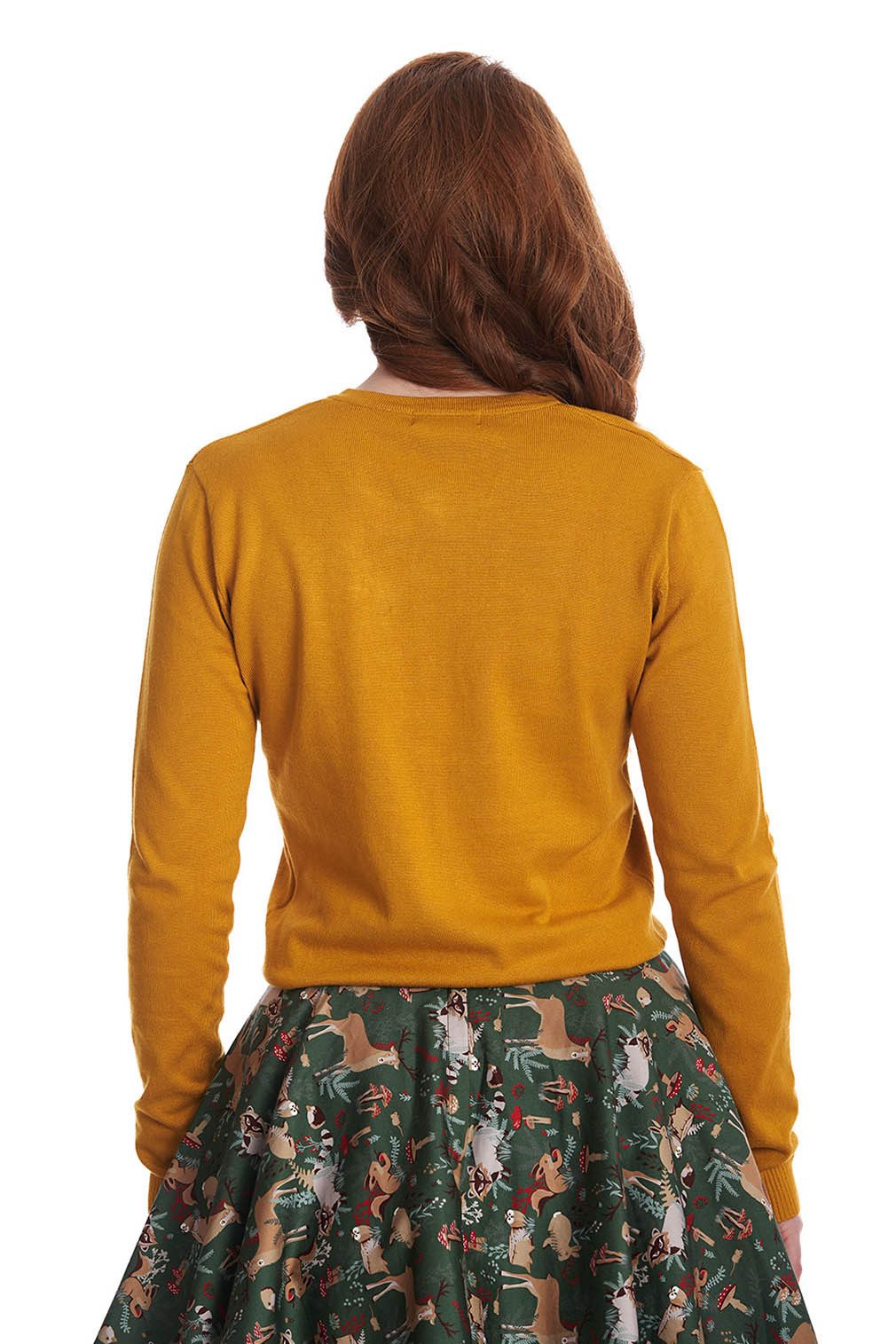 Banned Strickjacke Woodland Mushrooms Cardigan Senfgelb Vintage Waschbär