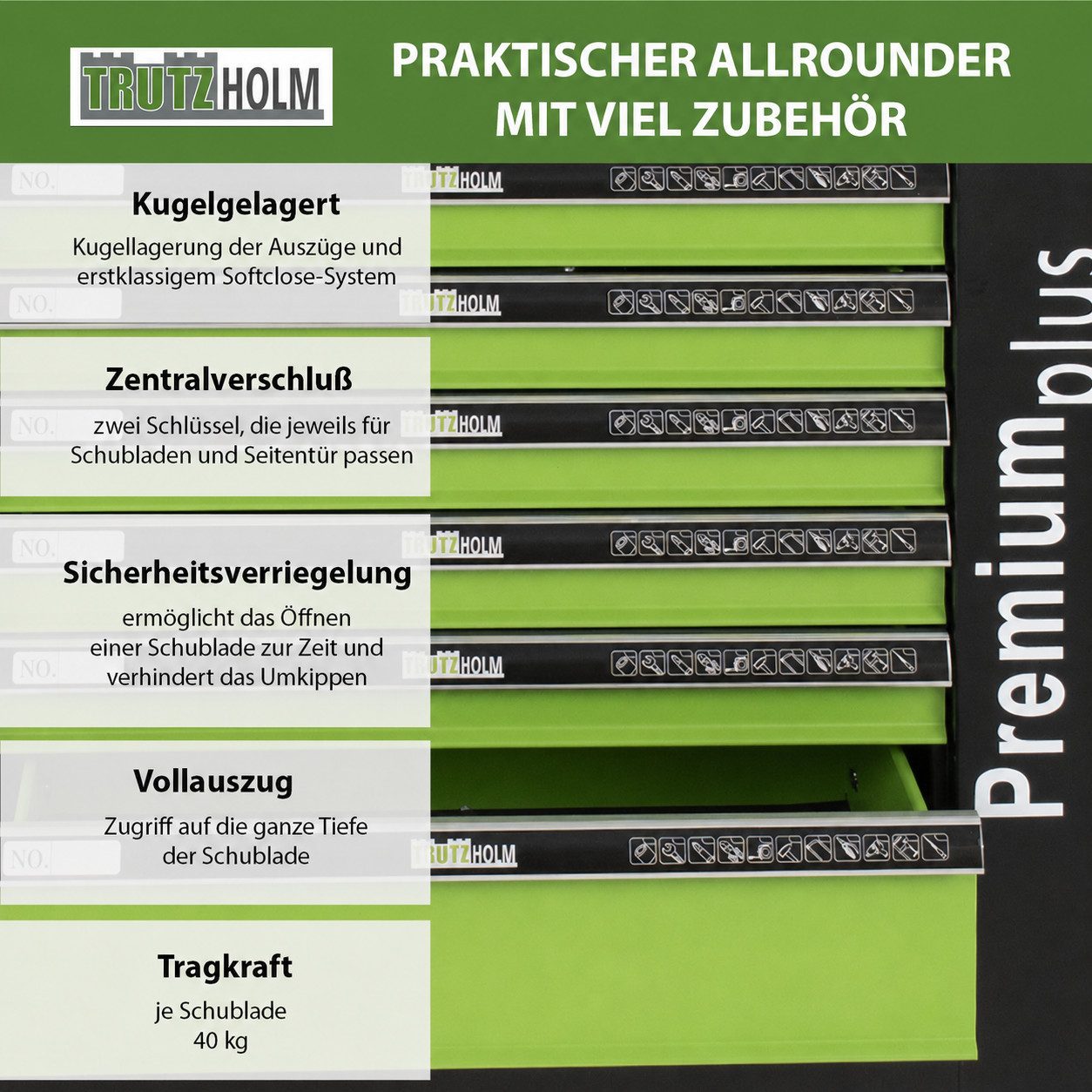 TRUTZHOLM Werkstattwagen Premium Plus unbestückt 84x74cm Vollauszug Interlock Seitentür Stahl, ohne Werkzeug, Seitentür abschließbar,7 Schubladen,Softclose