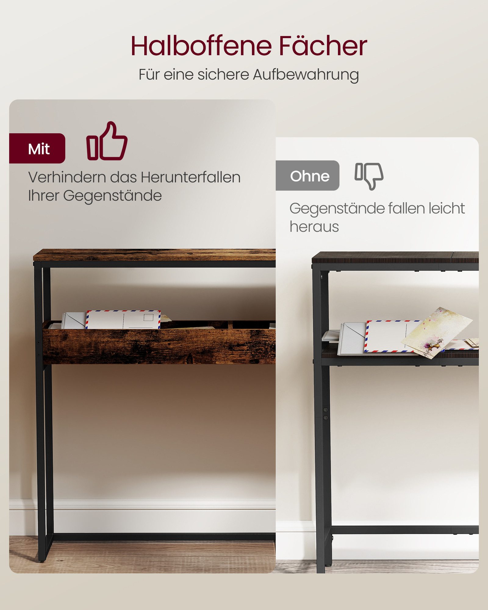 VASAGLE Konsolentisch Beistelltisch, schmaler Flurtisch, 2 Ebenen mit halboffenen Fächern, für Flur, Wohnzimmer, 24 x 100 x 80 cm