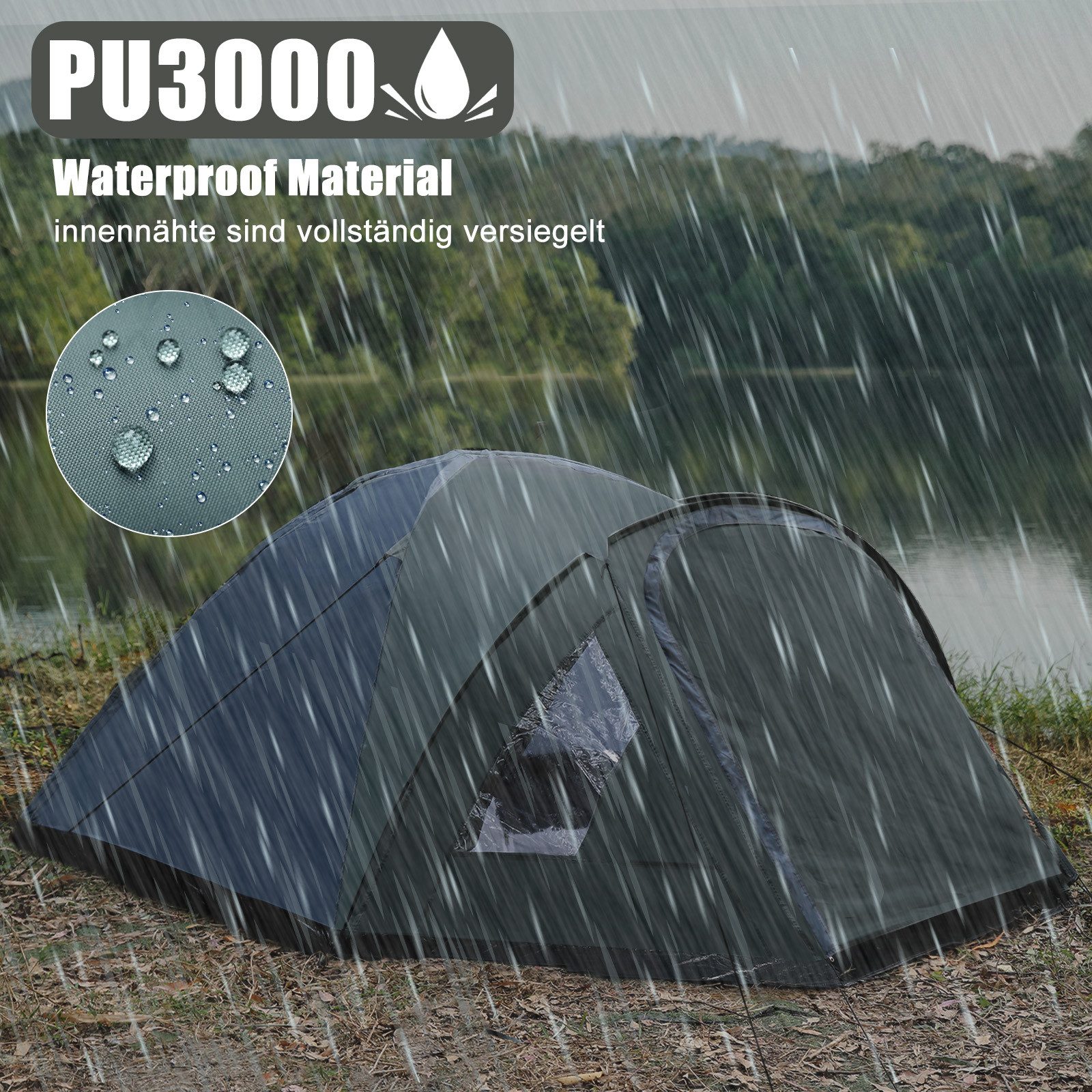 CALIYO Kuppelzelt XXL Campingzelt mit Verdunkelt 3-4 Personen, Personen: 3, Wasserdicht 3000mm Wassersäule