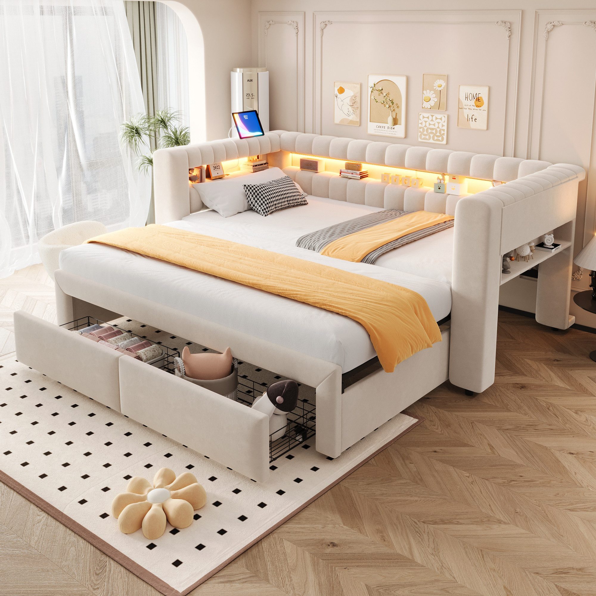 Flieks Daybett, Polsterbett 90/180×190cm mit Ausziehbett, Schubladen, LED & Aufladen