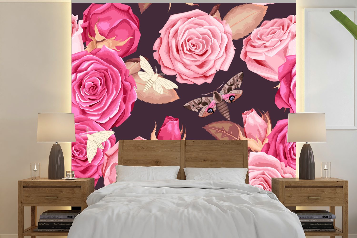 MuchoWow Fototapete Rosen - Schmetterlinge Schlafzimmer, bedruckt, Wandtapete oder Matt, (5 Vinyl St), Wohnzimmer für Tapete Natur, 