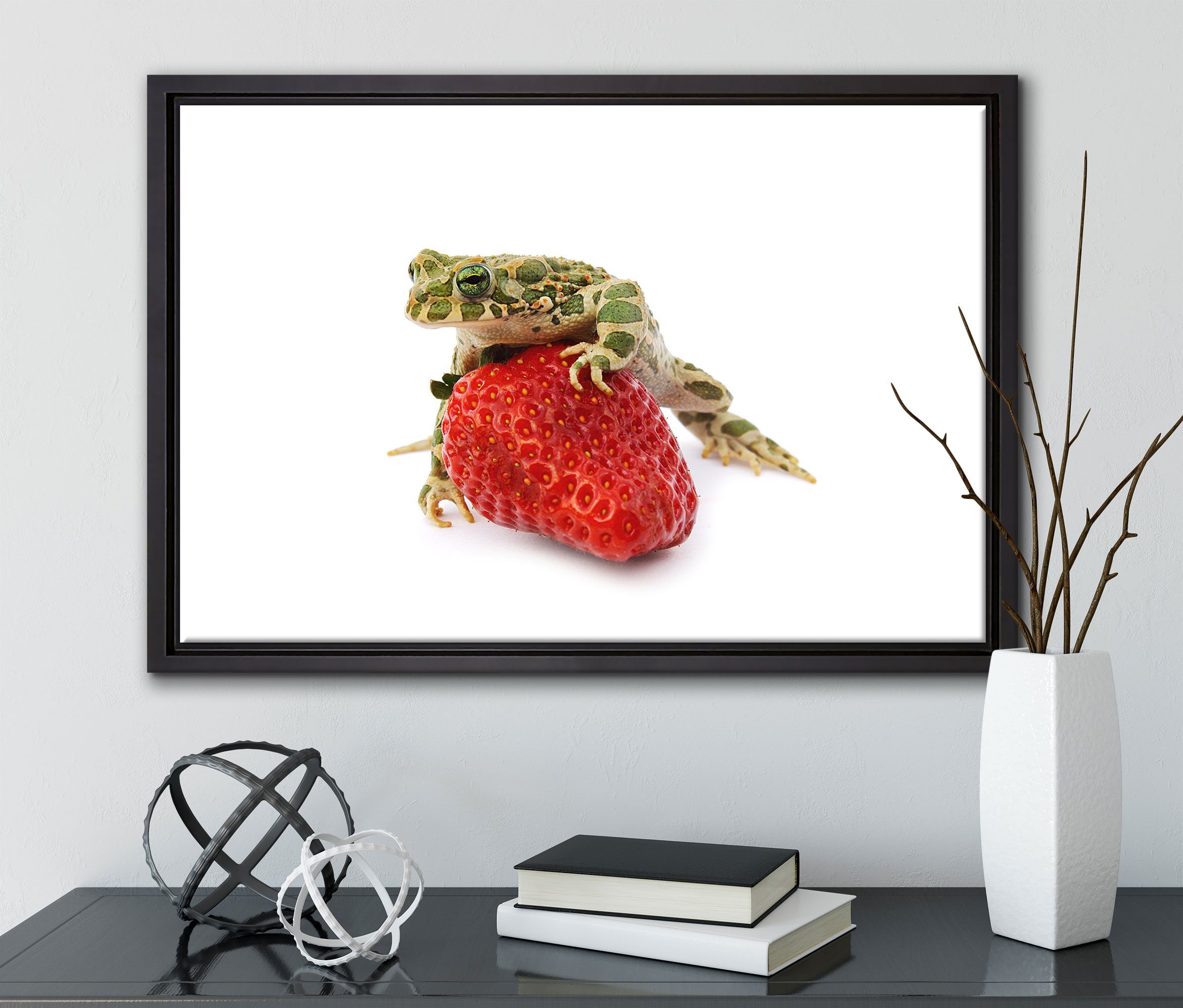 Pixxprint Leinwandbild Wanddekoration auf Leinwandbild fertig St), in Erdbeere, Kleiner bespannt, Zackenaufhänger Frosch inkl. gefasst, sitzt Schattenfugen-Bilderrahmen einem (1