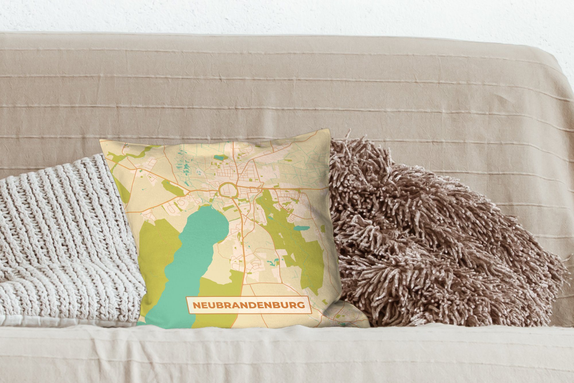 Neubrandenburg - Stadtplan, Dekokissen Schlafzimmer, Karte - Sofakissen für Zierkissen Deko, mit Füllung Vintage - Wohzimmer, MuchoWow