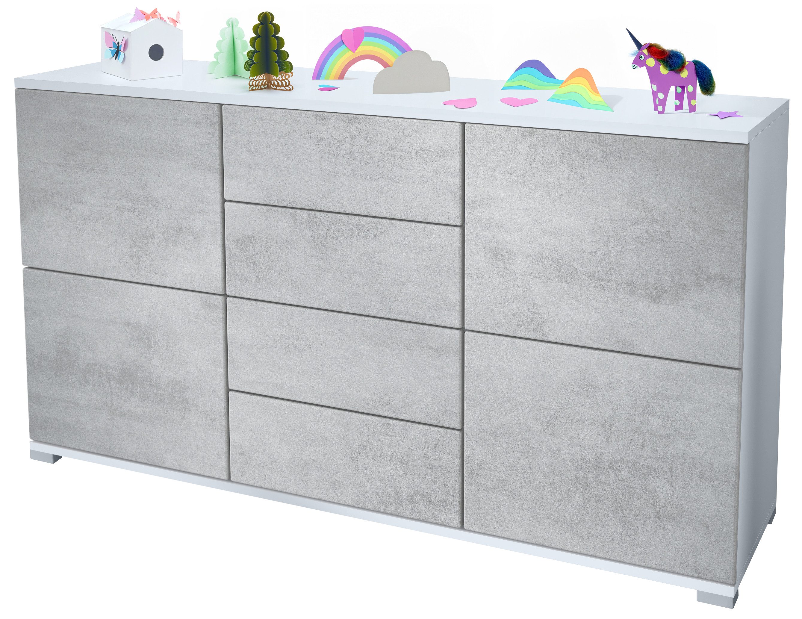 Vladon Sideboard Rova V1 (Kommode mit 4 Türen, 4 Schubladen, Made in Germany), Weiß matt/Beton Oxid Optik (138,5 x 75,5 x 35)