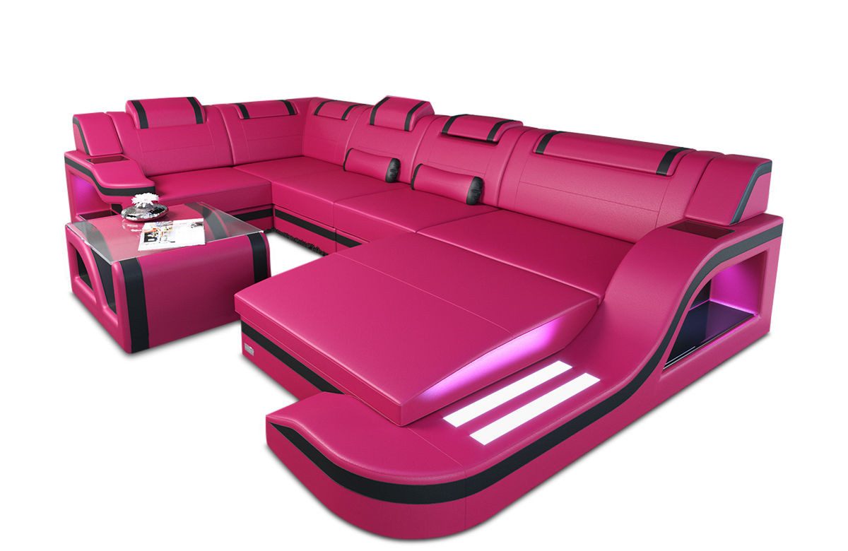 Sofa Dreams Wohnlandschaft Ledersofa Palermo U Form Mini, Designersofa Couch, mit LED Licht und USB Anschluss