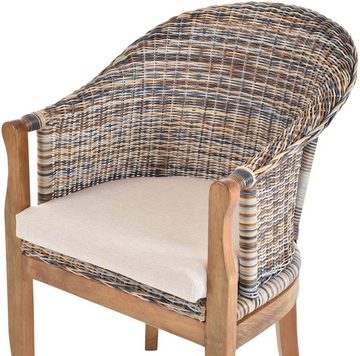 Krines Home Relaxsessel Rattan-Sessel mit Holzbeinen, Sessel aus echtem Rattan- mit Polster, Rattanstuhl, Clubsessel