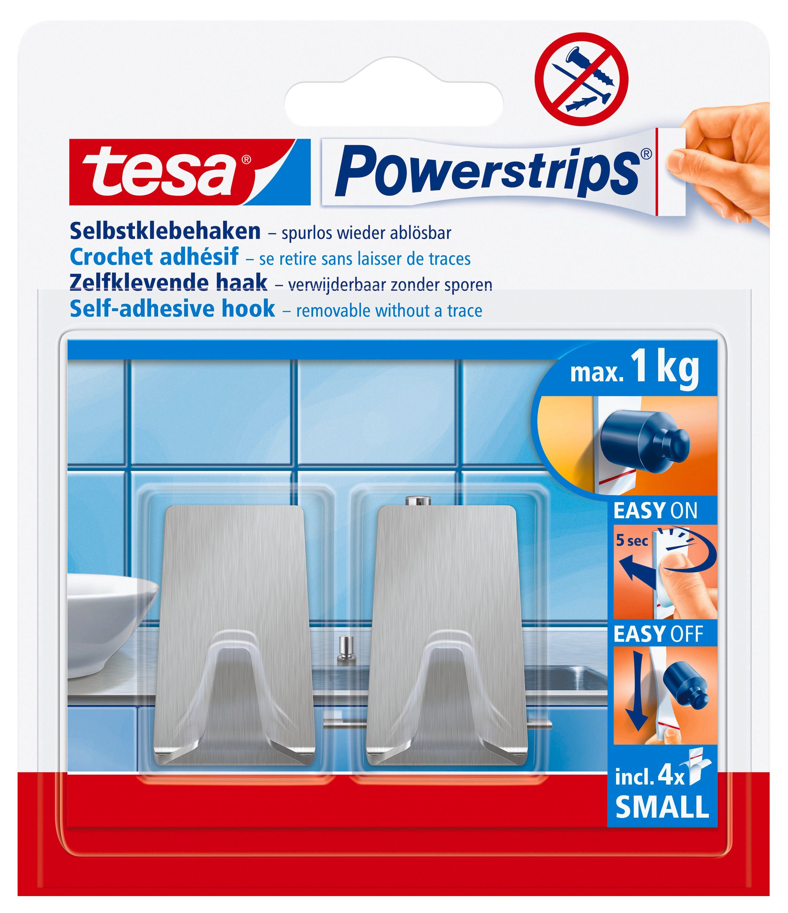 tesa Klebehaken Powerstrips Haken, Handtücher, Waschlappen, Dekoration, Bilder, Leinwände, Lichterketten, Girlanden, (Packung, 2-St., inkl. Klebelösung), Stripes - Haken klein, trapezförmig, Metall - kleben statt bohren