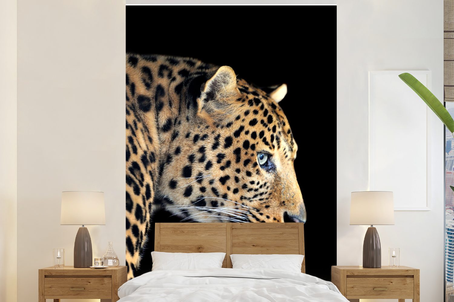 Pelz, - Schwarz Vinyl (3 - MuchoWow für Leopard Wohnzimmer, bedruckt, Tapete Matt, St), Montagefertig Fototapete Wandtapete