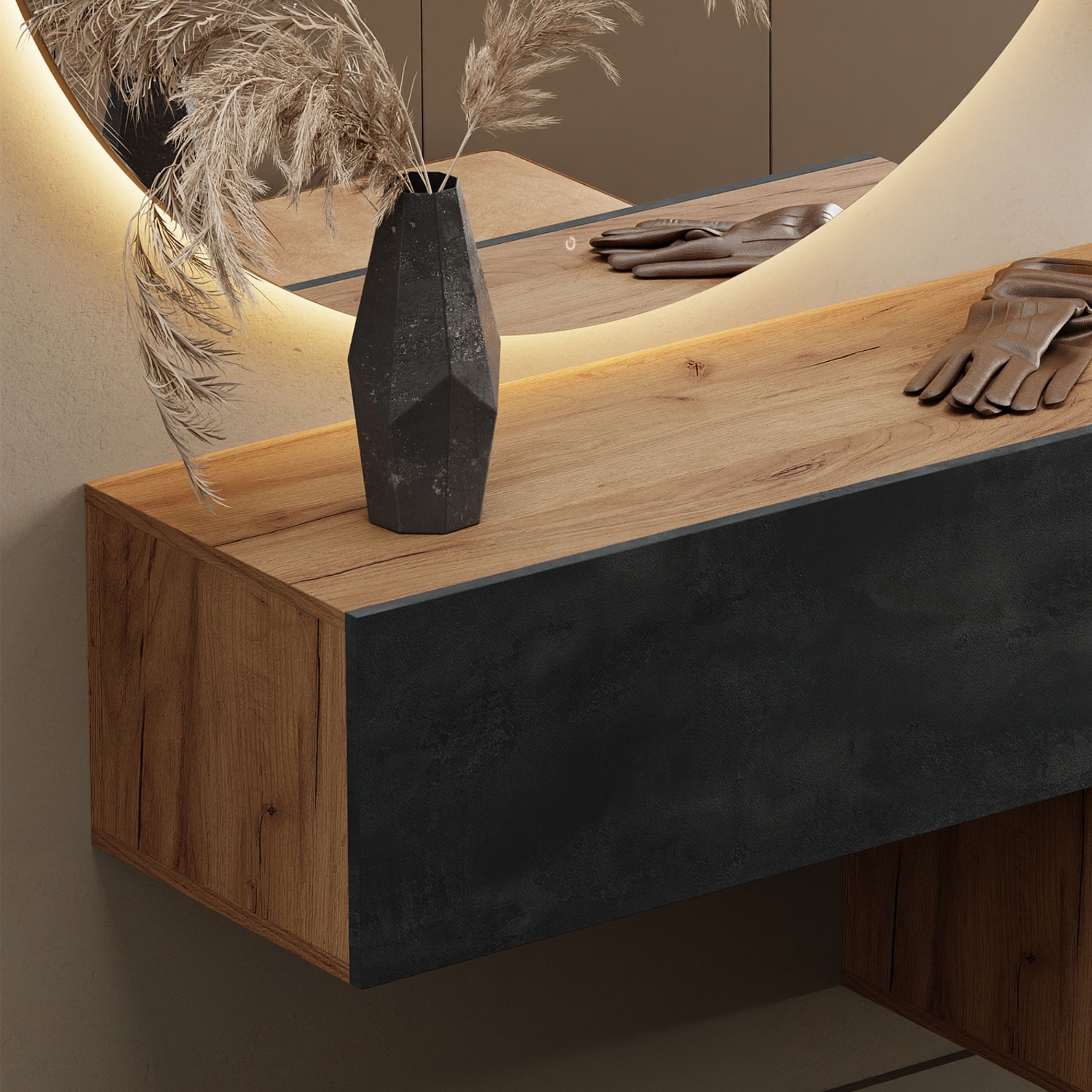 Planetmöbel Garderoben-Set Garderobenschrank, (Kompaktgarderobe mit Klappe als Stauraum, Hängeschrank 100 cm Gold Eiche / Schwarz Charcoal), Wandgarderobe (ohne Spiegel)