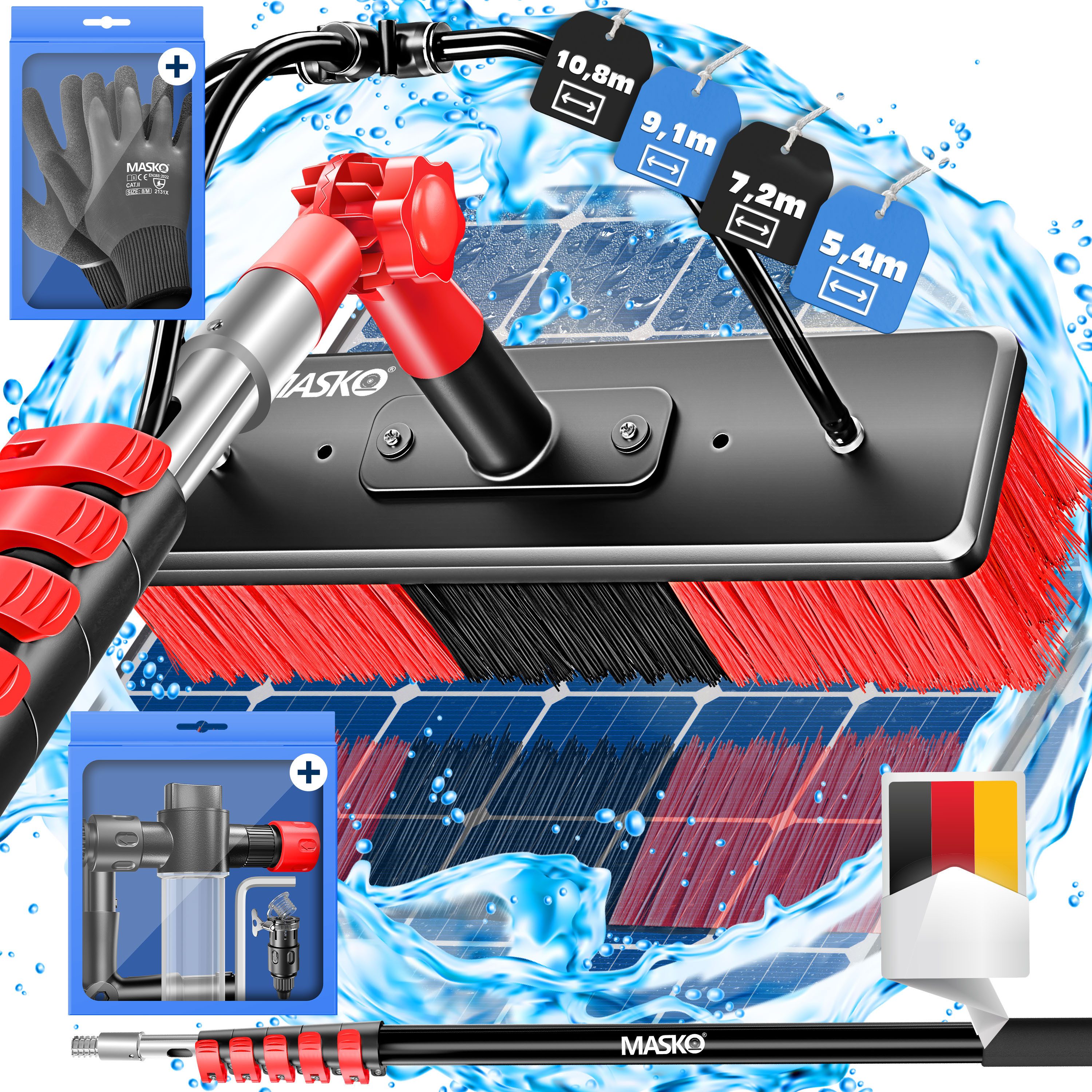 MASKO Reinigungsbürste, (mit Teleskopstage, Seifenspender & Handschuhe), Teleskop Waschbürste Teleskopstiel bis 9,1m Ausziehbar Weiche Borsten