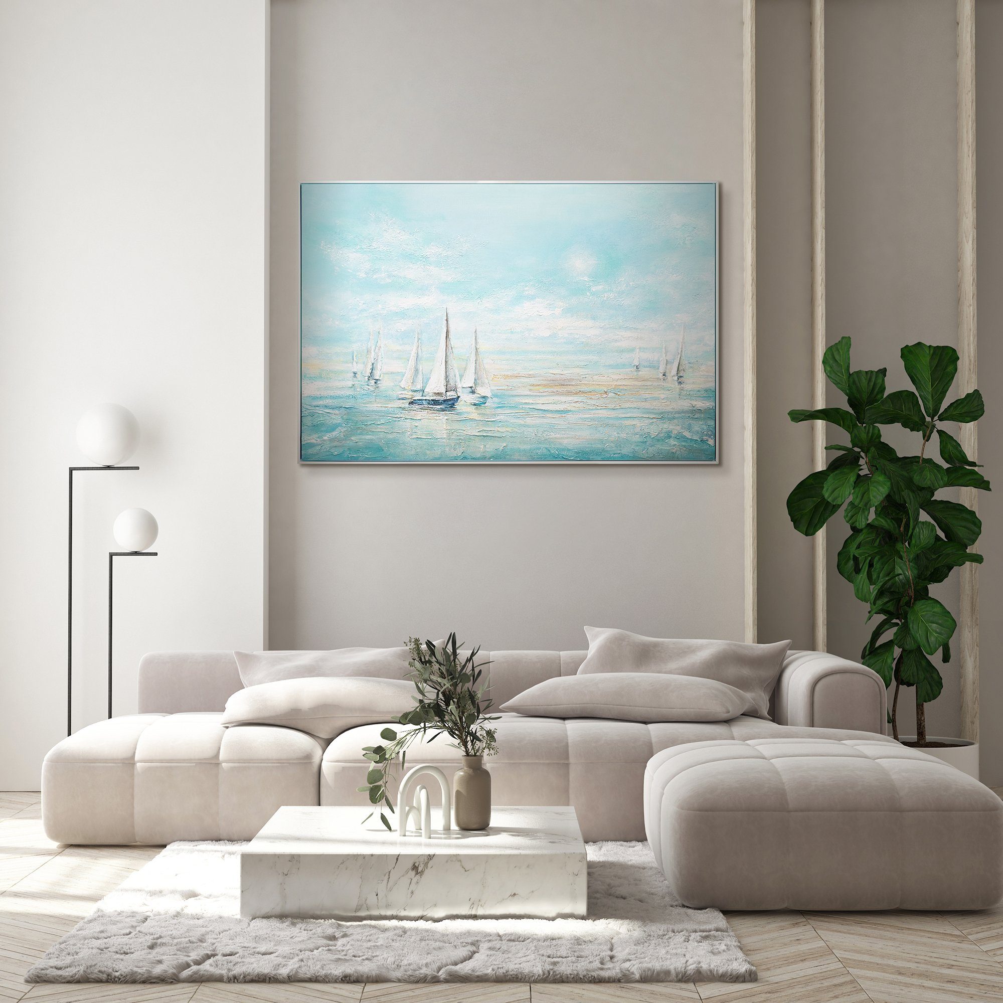 Handgemalt Landschaft, Meeresblau, Bild Meer Rahmen YS-Art Segelboote Leinwand Hellblau in Weiß Blau Gemälde Mit