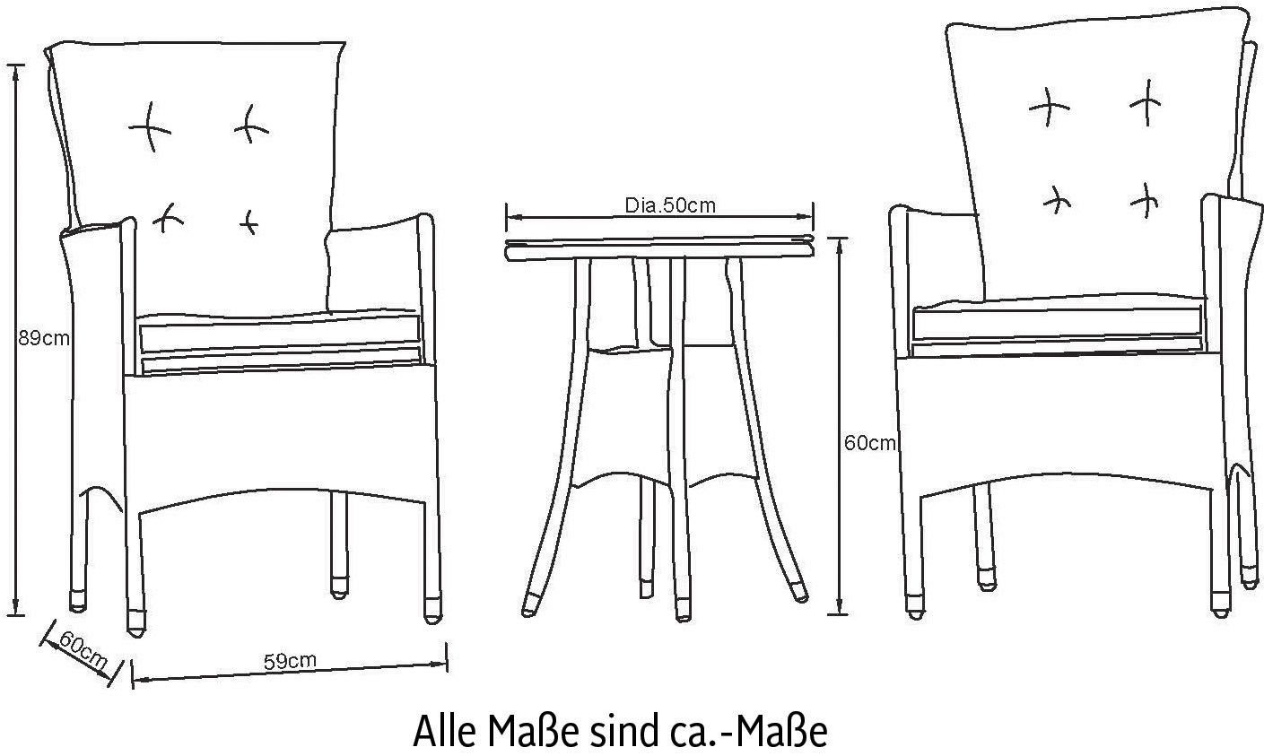 KONIFERA Garten-Essgruppe Balkonset "Mailand", (Set, 7-tlg., 2 Sessel, Tisch Ø 50 cm, inkl. Auflagen), Polyrattan, Tischplatte aus Sicherheitsglas, verzinkter Stahl