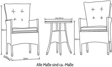 KONIFERA Balkonset Mailand, (Set, 7-tlg., 2 Sessel, Tisch Ø 50 cm, inkl. Auflagen), Polyrattan, Tischplatte aus Sicherheitsglas, verzinkter Stahl