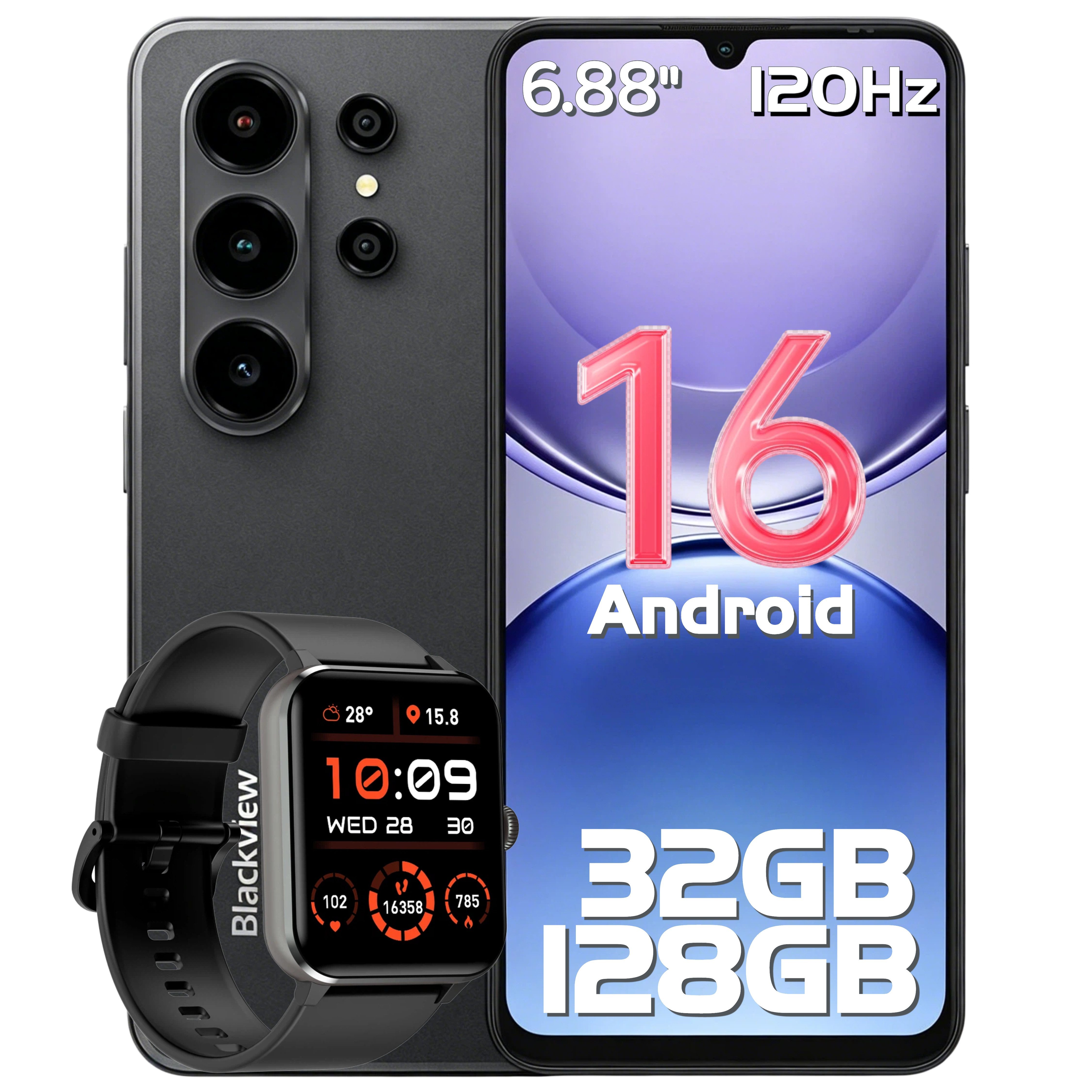 blackview Blackview WAVE Handy incl. R50-Uhr Android 16 120HZ Smartphone (6,88 Zoll, 128 GB Speicherplatz, 32 MP Kamera, Dual SIM 4G, Android 16 Outdoor Smartphone, Octa-Core)