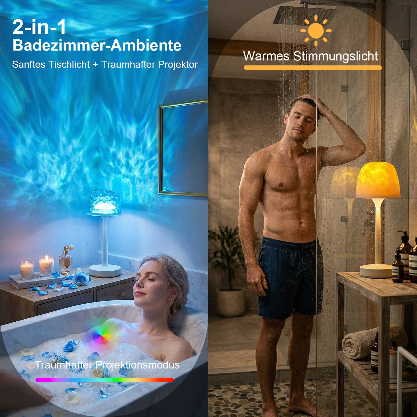 Lapalife Nachttischlampe Wasserdicht Shower Lampe Badezimmer Lichtprojektor Dimmbar, mit 16 Farben Nordlicht, Akku Wiederaufladbar LED Tischlampe Nachttischlampe mit Fernbedienung