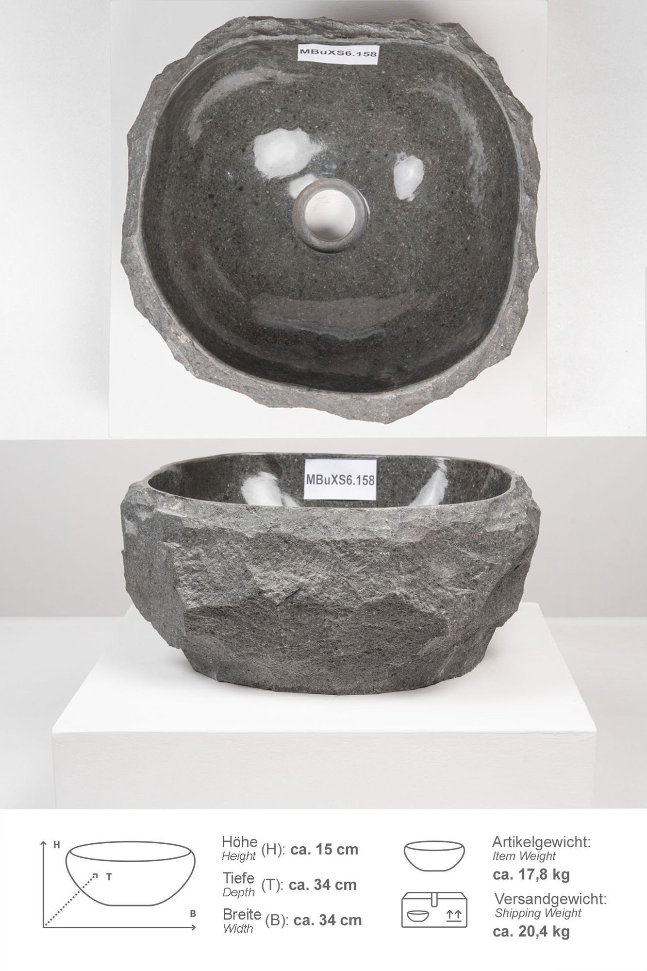 wohnfreuden Aufsatzwaschbecken Andesit Waschbecken EROSI 30 cm mit Naturkante anthrazit (Kein Set), 126607_MBuXS6.158