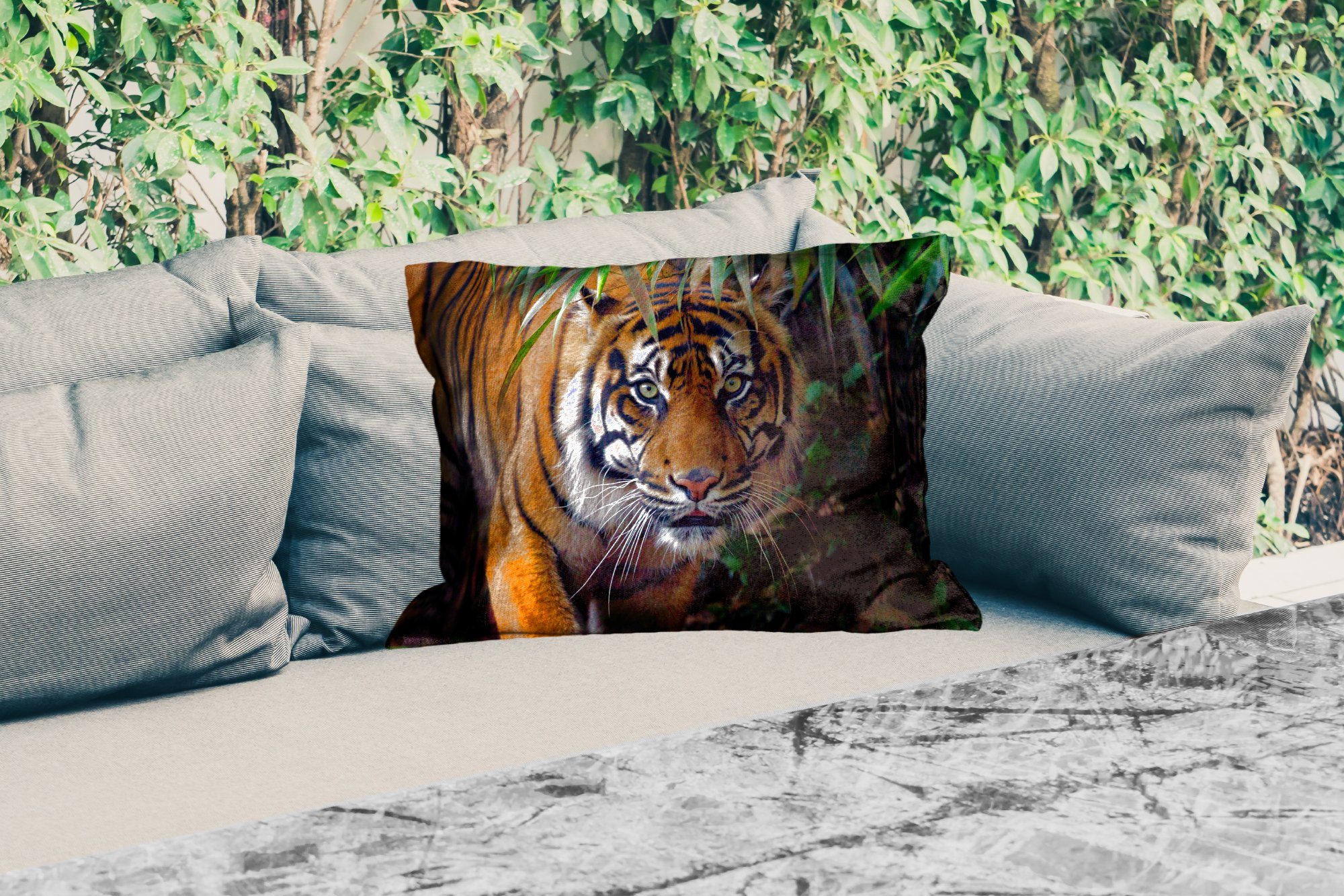 MuchoWow Dekokissen Tiger - Blätter - - Outdoor-Dekorationskissen, Polyester, Tiere Dschungel Dekokissenbezug, - Kissenhülle Wild