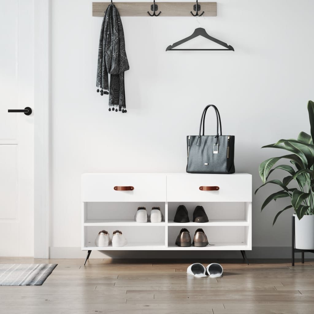 furnicato Schuhbank 102x35x55 cm Hochglanz-Weiß mit Stauraum und Eisenbeinen (1-St), Sitzbank mit 2 Schubladen, 4 Fächern und Wandhalterung für Flur