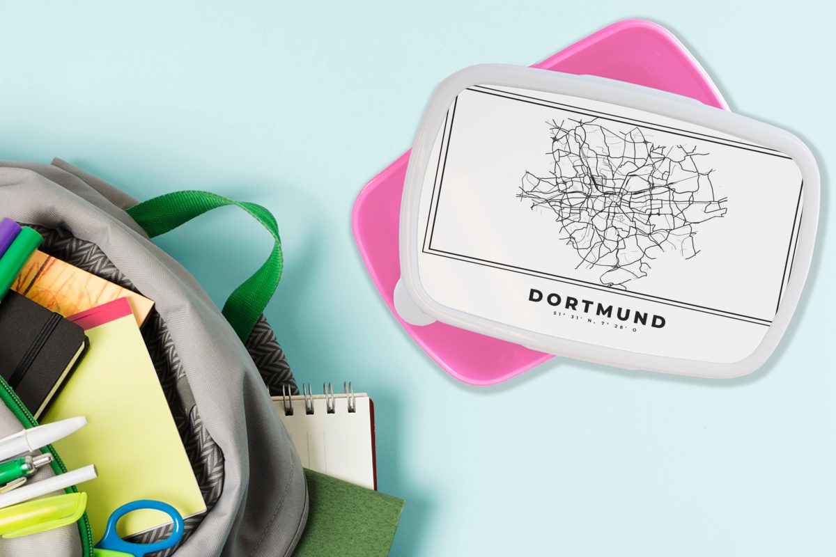 - (2-tlg), Kunststoff Brotdose Karte, Brotbox - und Snackbox, Mädchen, - Lunchbox weiß Dortmund Kunststoff, Erwachsene, - MuchoWow Kinder, Deutschland rosa für Stadtplan Schwarz