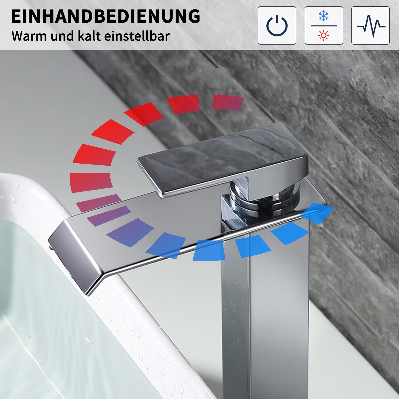 HOMELIVE Badarmatur wasserfall Wasserhahn Bad Hoch Waschtischarmatur (Einhandmischer Waschtischarmaturen) Keramikventil, Kaltes und Heißes Wasser Vorhanden, Chrom