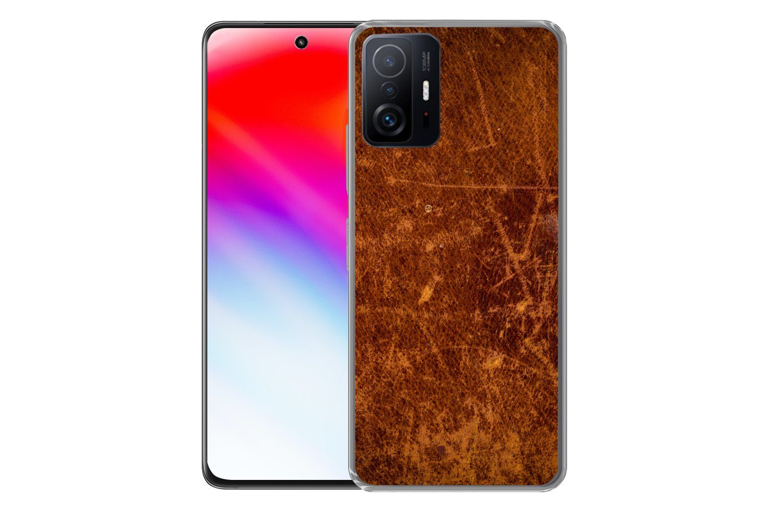 MuchoWow Handyhülle für Xiaomi 11 Lite 5G NE Leder - Lederoptik - Braun - Orange, Phone Case, Silikon, Schutzhülle Dünn