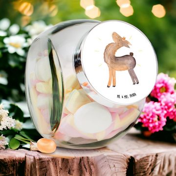 Mr. & Mrs. Panda Vorratsglas L 870ml Lama Stolz - Weiß - Geschenk, Vorratsdose, Keksedose, Teedose, Premium Glas, (1-tlg), Design-Highlight