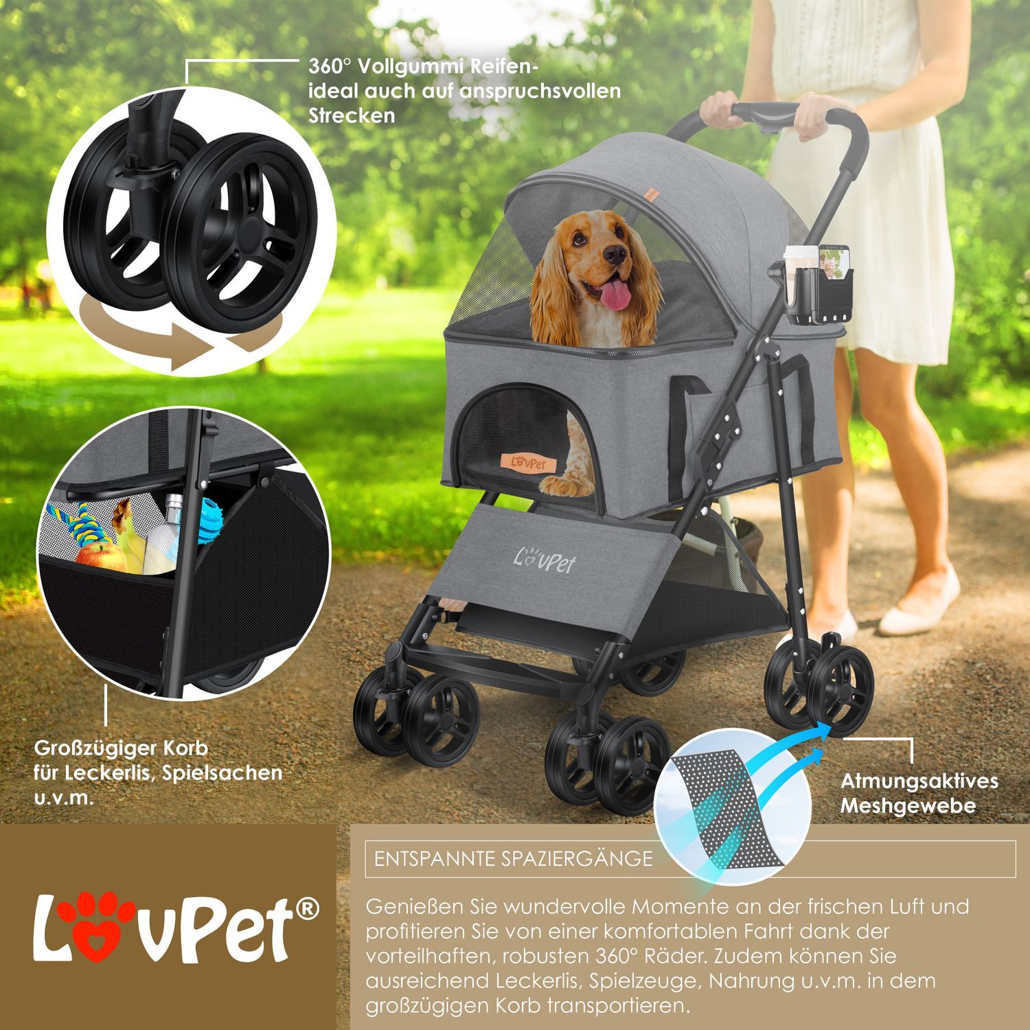 Lovpet Hundebuggy 2in1 Hundewagen max. bis 20kg Buggy für Haustiere, (Hundebox & Tasche mit Regenschutzabdeckung Getränkehalter Kuscheldecke), Haustier- & Katzenbuggy faltbar & klappbar mit Netzfenster