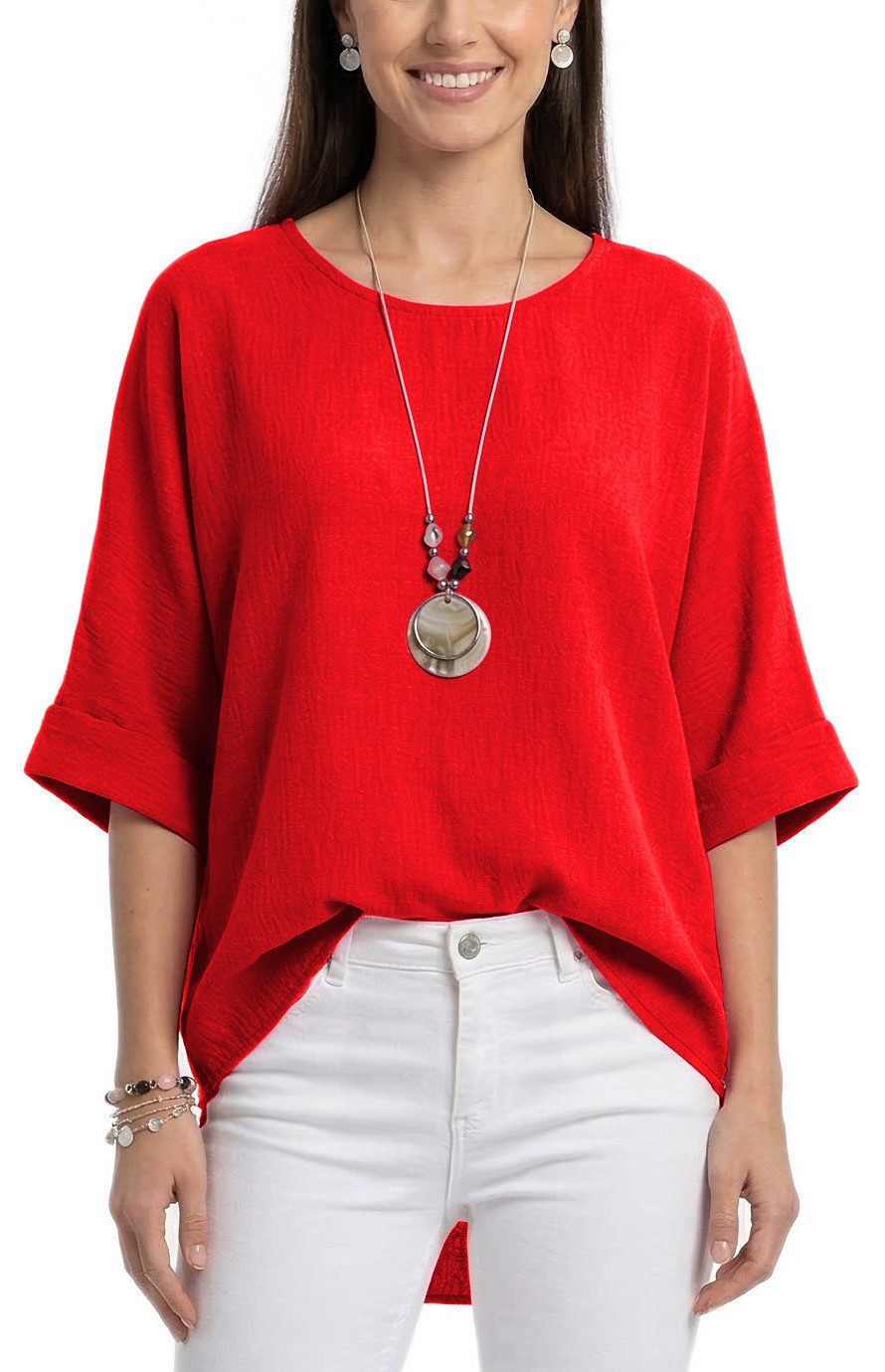 dy_mode Kurzarmbluse Damen Bluse Oversize Tunika Leichte Viskosebluse Oberteil Einfarbig in Unifarbe, High-Low Saum, mit passende Kette