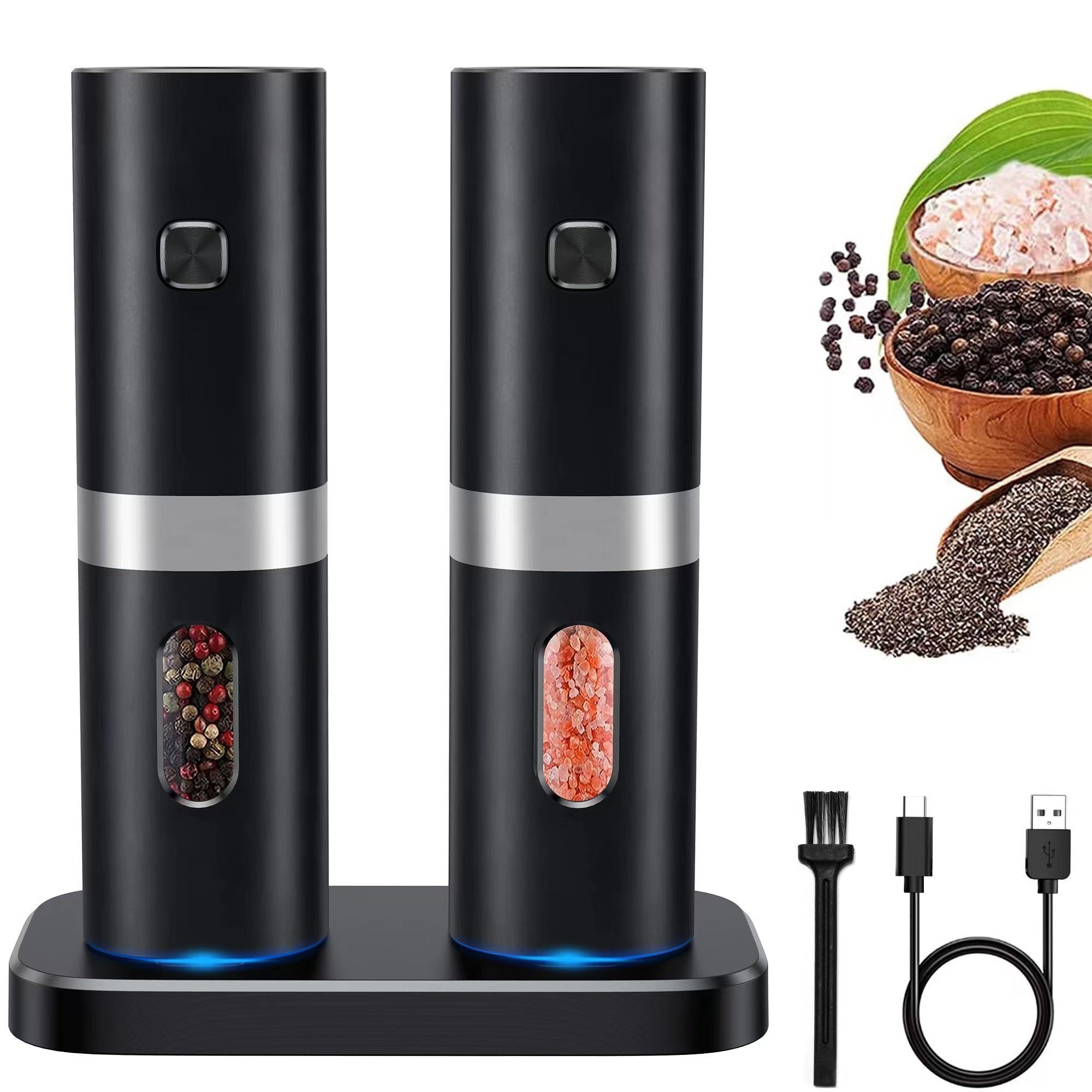 Forrlite Salz-/Pfeffermühle Pfeffermühle elektrisch, Gewürzmühle elektrisch 2er Set (Wiederaufladbar, LED Beleuchtung, mit einstellbarem Keramikmahlwerk, Reinigungsbürste Bürste), für BBQ, Restaurant, Küche