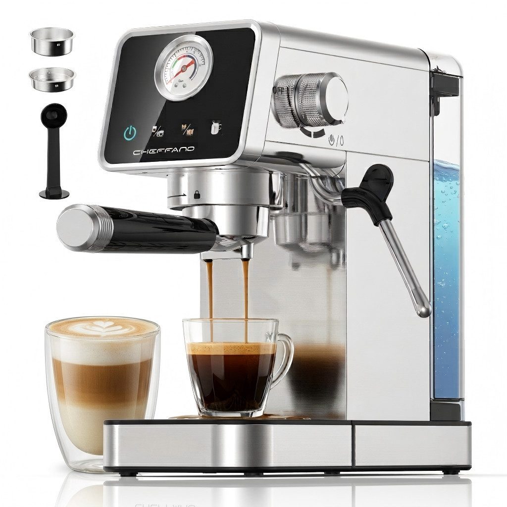 CHEFFANO Espressomaschine 20 Bar, Edelstahl Siebträgermaschine mit Milchaufschäumer, Extraktion