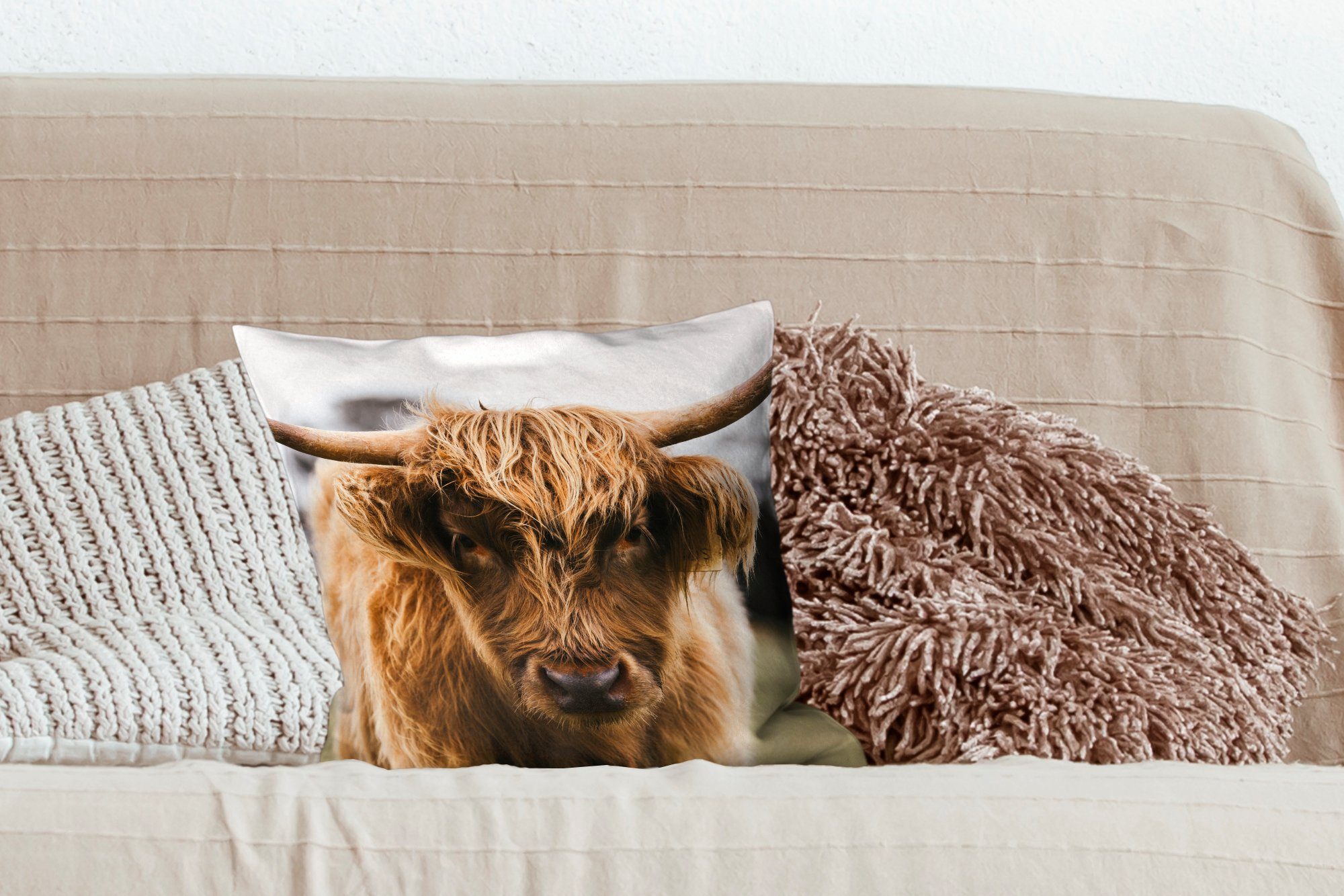 MuchoWow Dekokissen Deko, - für Kuh mit Natur, - Gras Füllung Highlander Tiere Zierkissen - - Schottischer Sofakissen Schlafzimmer, Wohzimmer