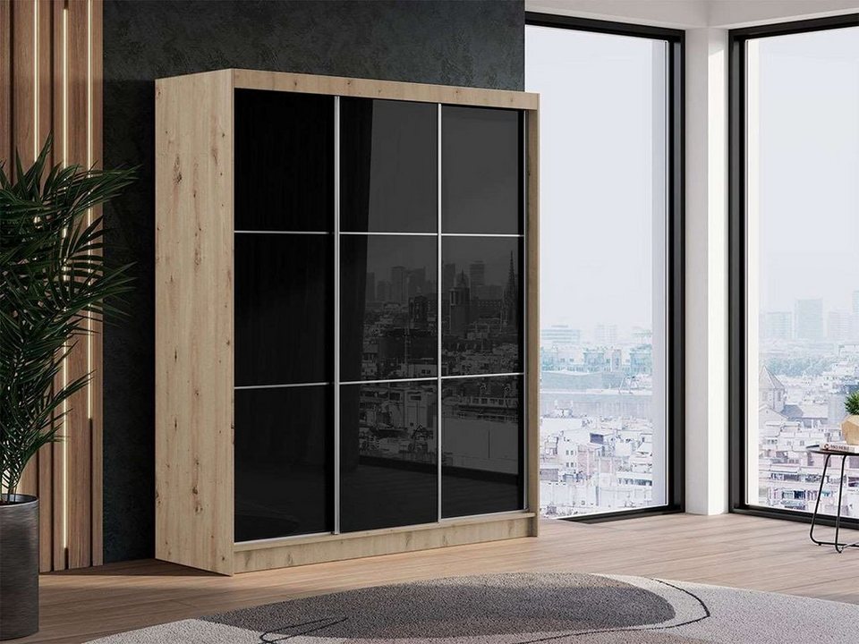 MKS MÖBEL Kleiderschrank VALENCIA Schiebeschrank mit Lacobel-Glas, Schrank  180 cm, Artisan Eiche Korpus