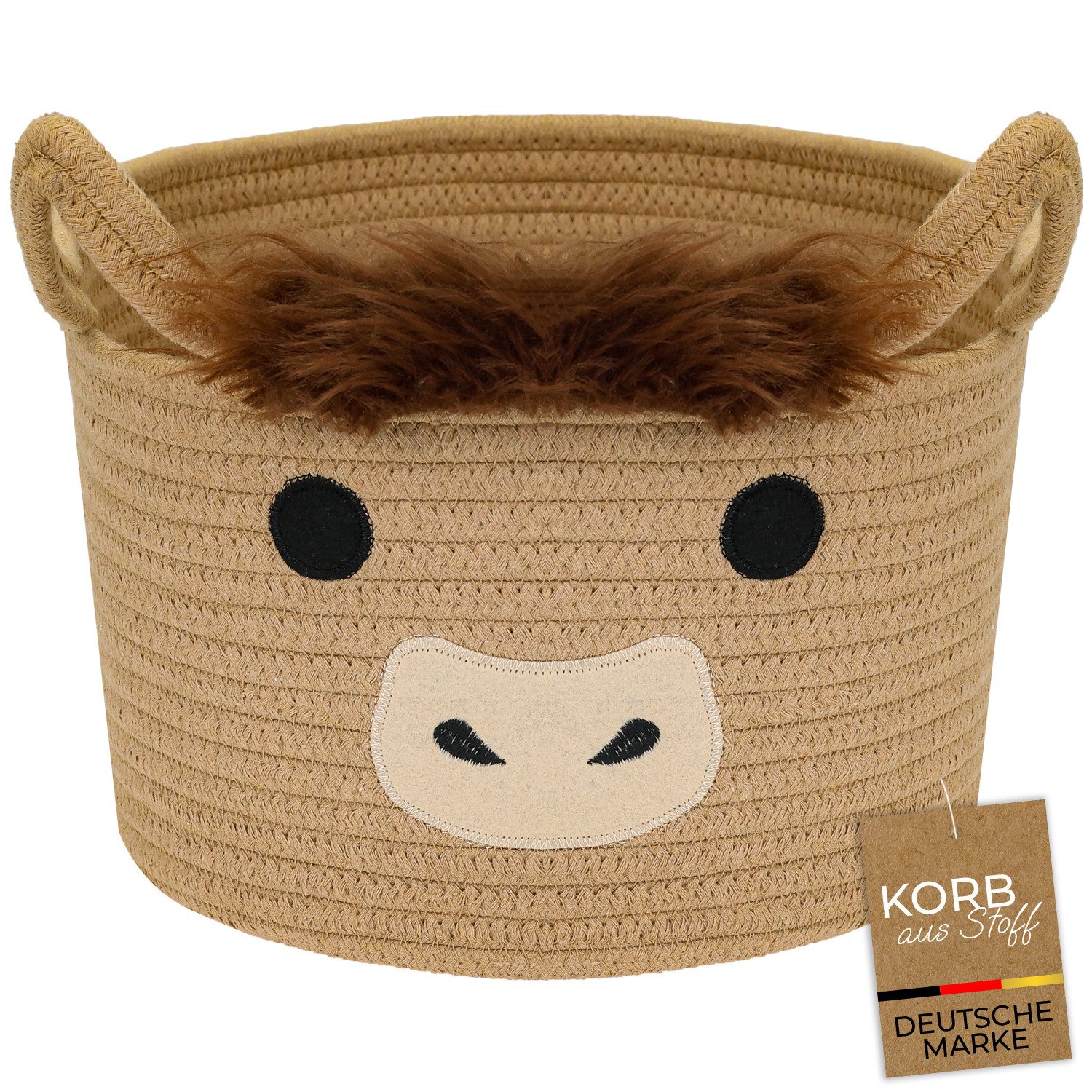HMF Aufbewahrungskorb Aufbewahrungskorb mit verlängerten Griffen, runder Korb, für Kinderzimmer oder Babyzimmer, Highlander Kuh, 30 x 24 cm, Braun