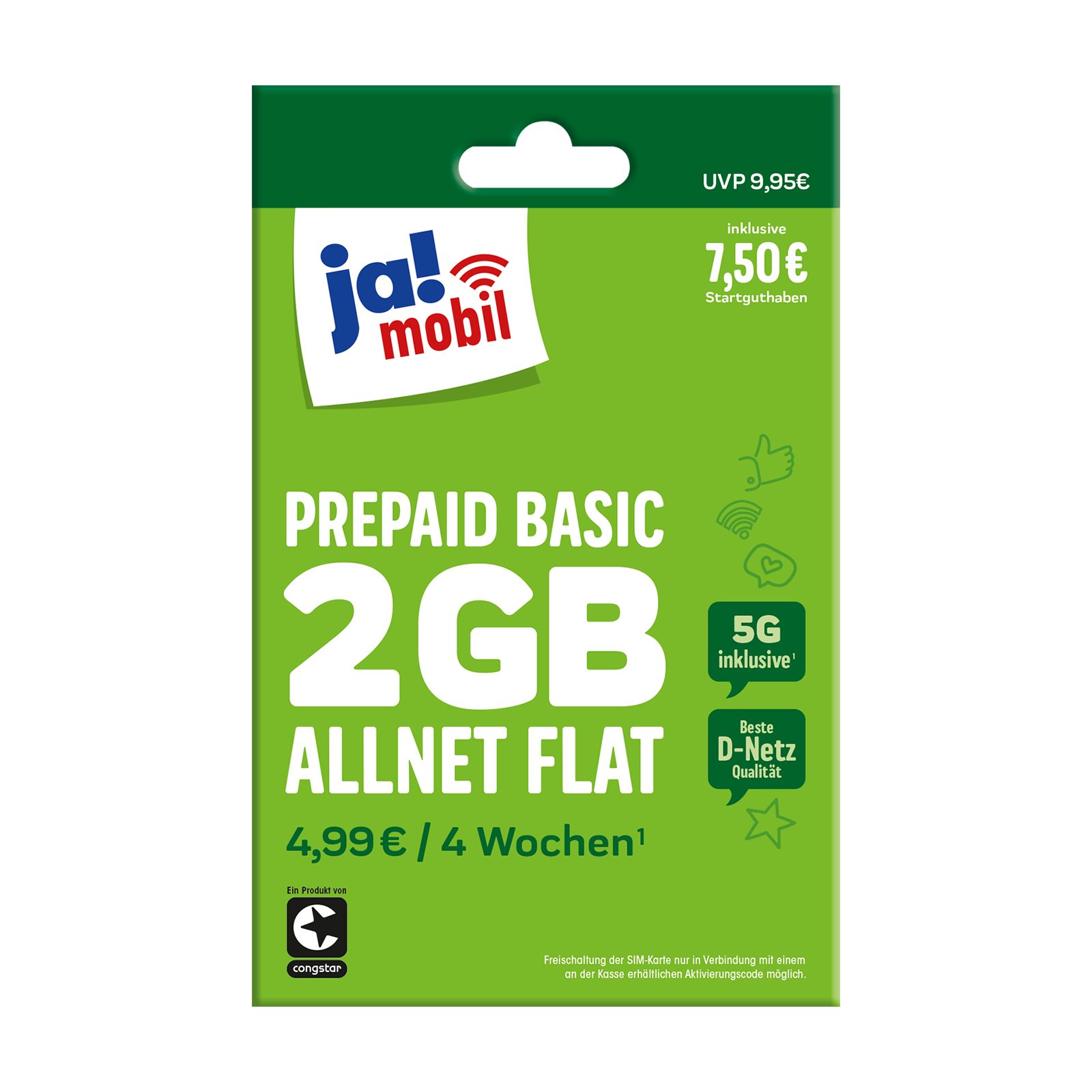 Ja! Mobil Prepaid Basic Simkarte mit 7,50 € Startguthaben Prepaidkarte, (EU-Roaming inkl. CH, 7,50 € Startguthaben)