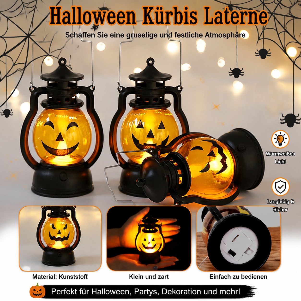 nsihing LED Laterne Halloween Kürbislaternen 3er Set mit LED, Tragbare Kürbislaternen, Batteriebetrieben für Innen, Außen, Party & Halloween Deko – Bild 4 von 5