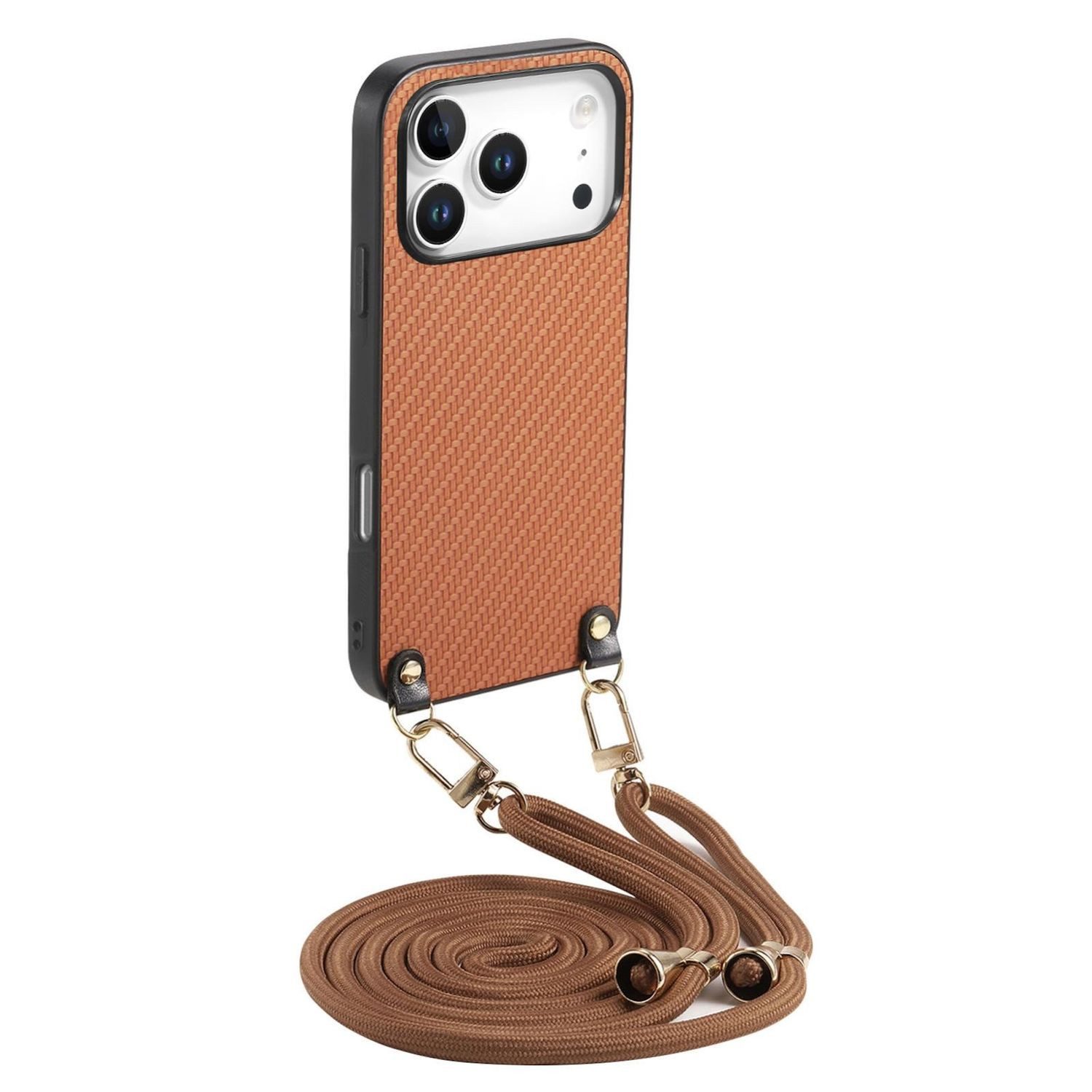Wigento Handyhülle Für Apple iPhone 17 Pro Carbon Design Leder Hülle Umhängeband Braun, Mit Gurt, stoßfest, edle Struktur