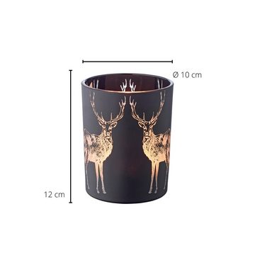 EDZARD Windlicht Tiu, Höhe 13 cm, Ø 10 cm, Kerzenglas mit Hirsch-Motiv in Gold-Optik, Teelichtglas im zeitlosen Design