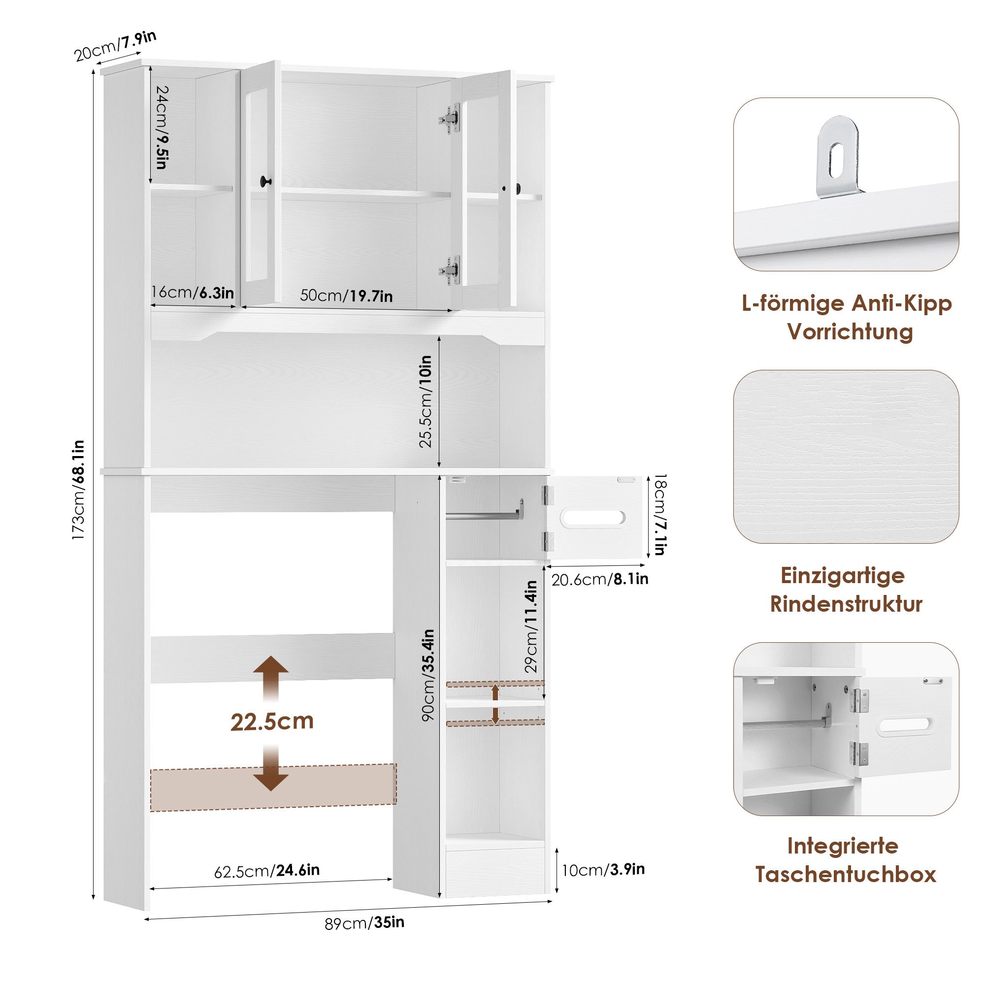 Homfa Badregal Toilettenregal waschmaschinenschrank, mit Glastüren, offenen Fächern und Toilettenpapierhalter, Weiß