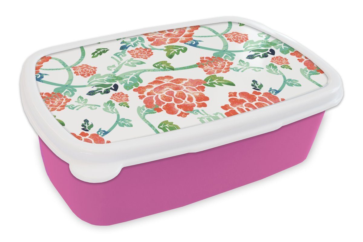 Blumen Kinder, Blätter Brotbox Muster - Kunststoff Aquarell, für Snackbox, MuchoWow Brotdose - - Kunststoff, Mädchen, (2-tlg), Lunchbox rosa Erwachsene,