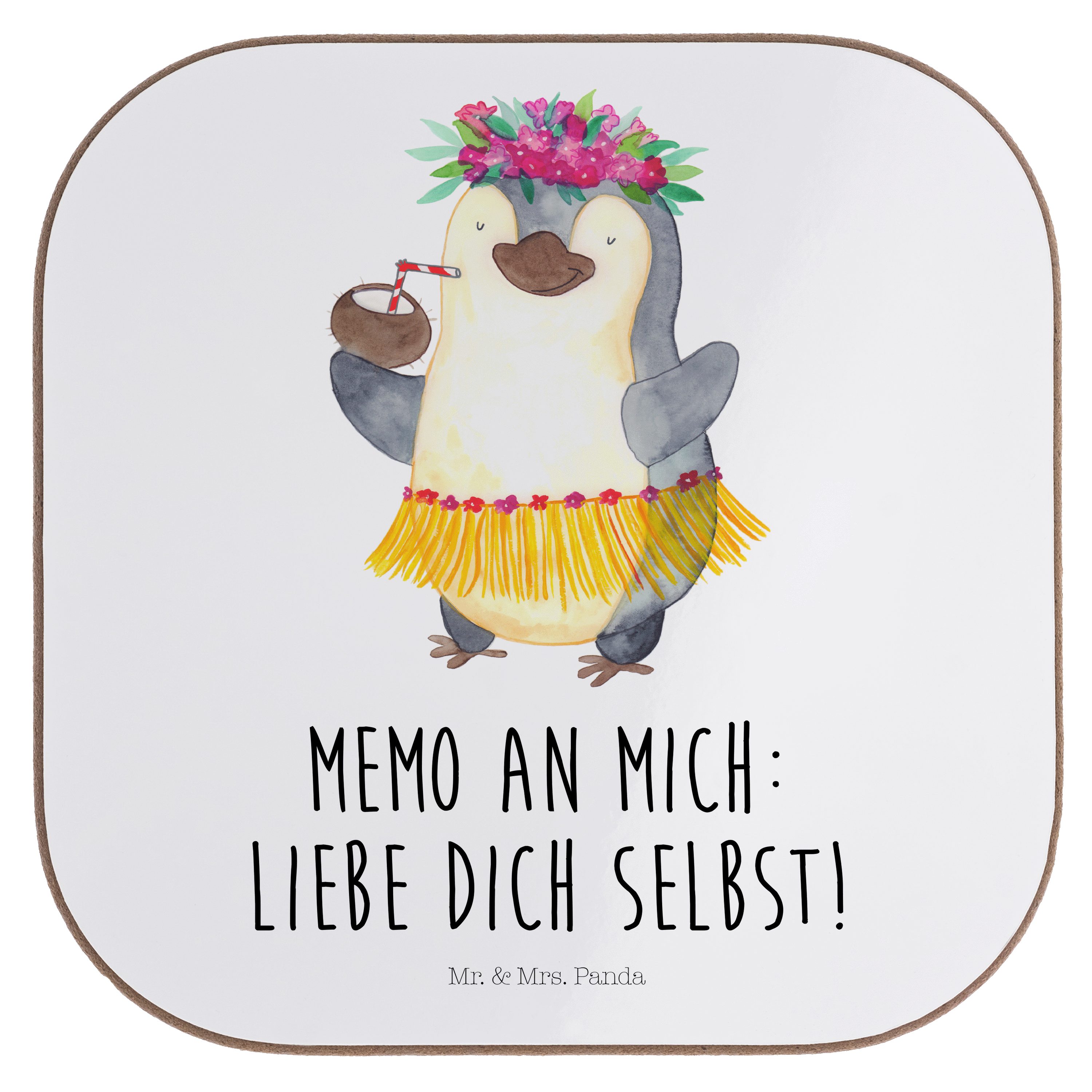 Panda & Geschenk, Pinguin Getränkeuntersetzer Urlaub, - Aloha, Hawaii, Mrs. Mr. P, - 1-tlg. Ferien, Kokosnuss Weiß