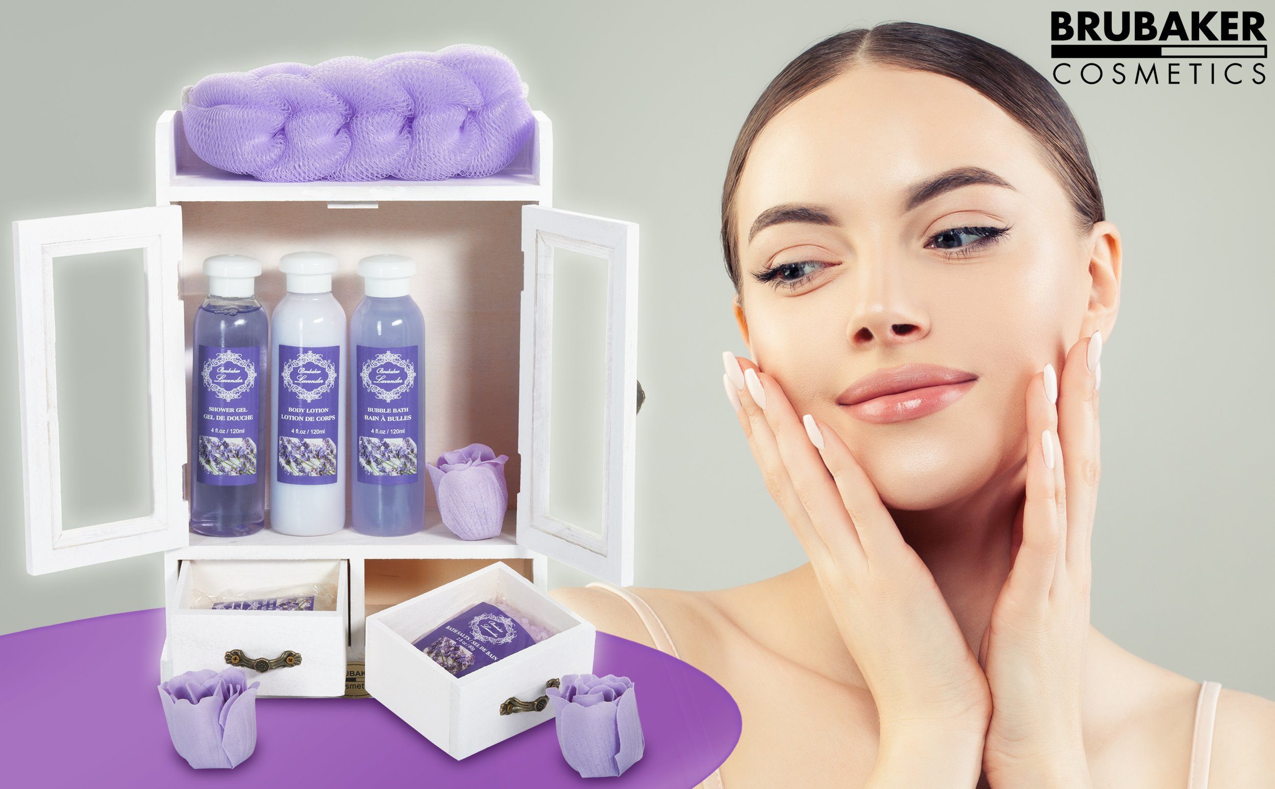 BRUBAKER Pflege-Geschenkset 2 in 1 Pflegeset Lavendel & Aloe Vera - Wellness Set, 15-tlg., Damen Dusch- und Badeset - Frauen Beauty Geschenkset mit Dekoration