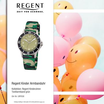 Regent Quarzuhr Regent Kinder-Armbanduhr grün schwarz, Kinder Armbanduhr rund, mittel (ca. 32mm), Textilarmband